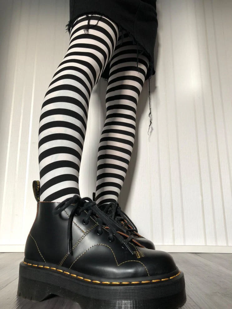 80 Denier Black & White Striped Tights - Witch - Image 4