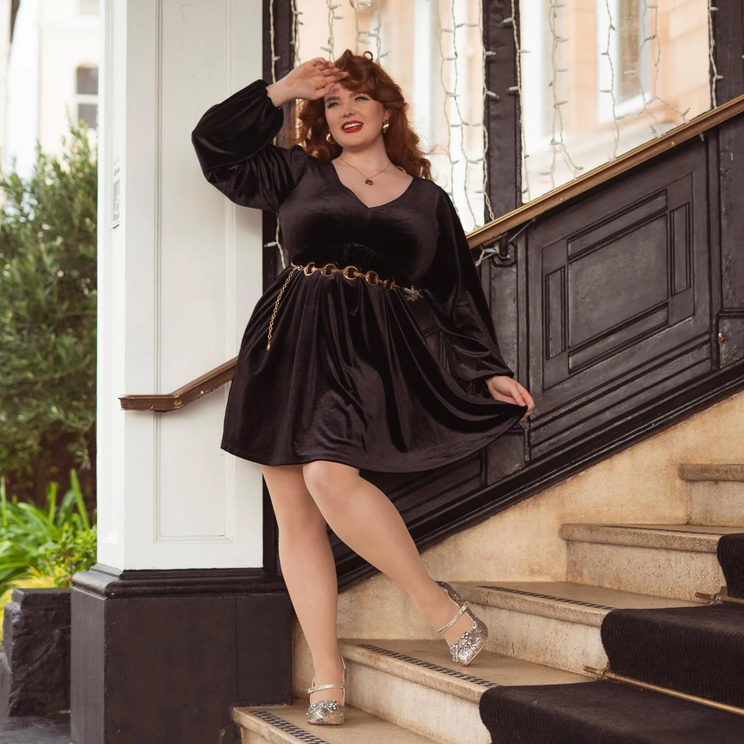 Velvet Baby Doll Dress - Black - Image 8