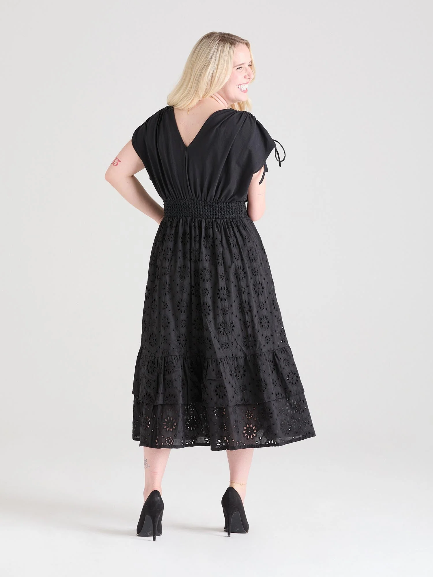 Broderie Anglaise Midi Dress - Black - Image 10