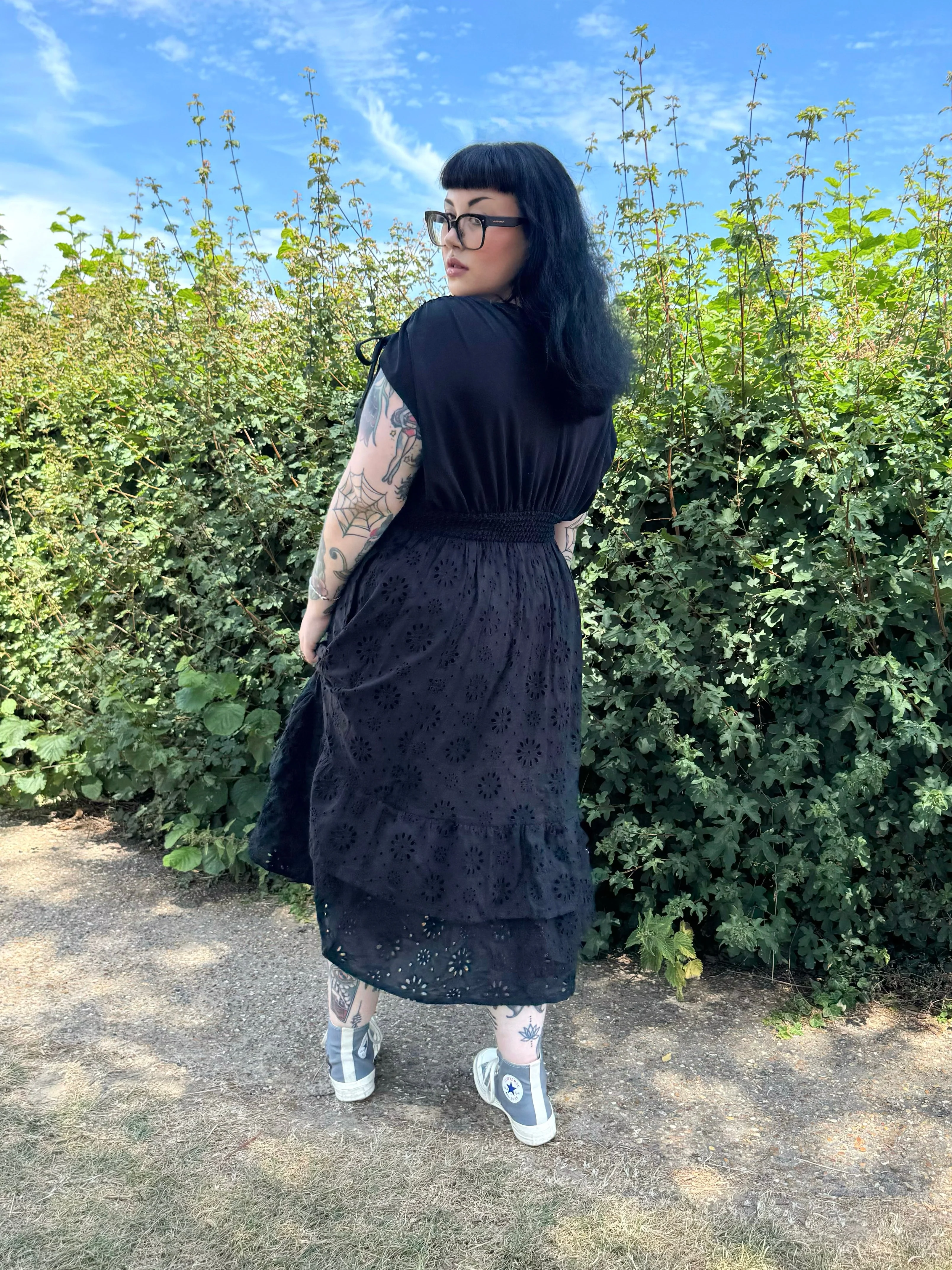 Broderie Anglaise Midi Dress - Black - Image 6