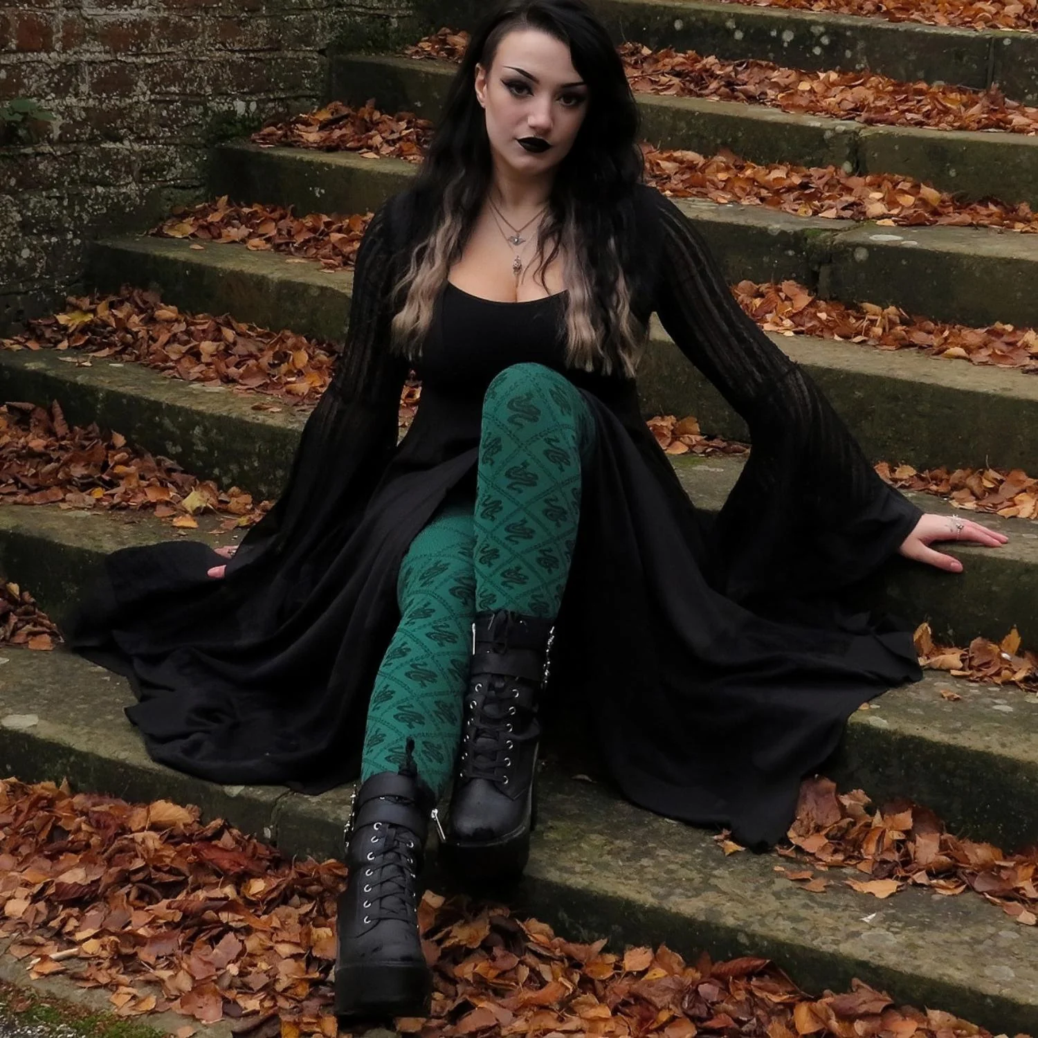 80 Denier Opaque Tights - Corra Snakes - Foliage Green - Image 2