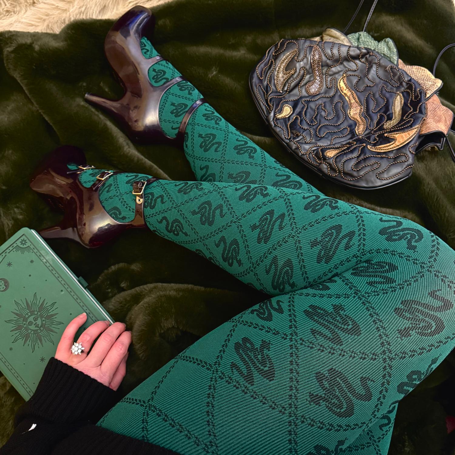 80 Denier Opaque Tights - Corra Snakes - Foliage Green - Image 3
