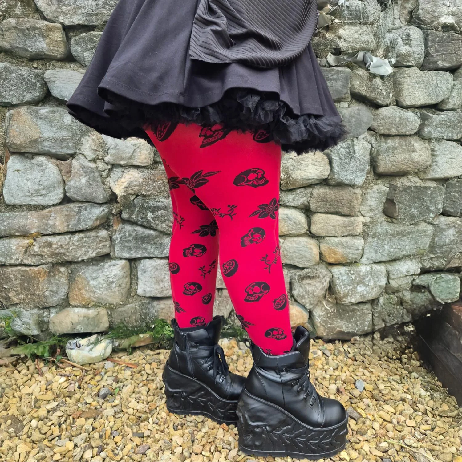 80 Denier Opaque Tights - Danu Skull Flower - Blood Red - Image 10