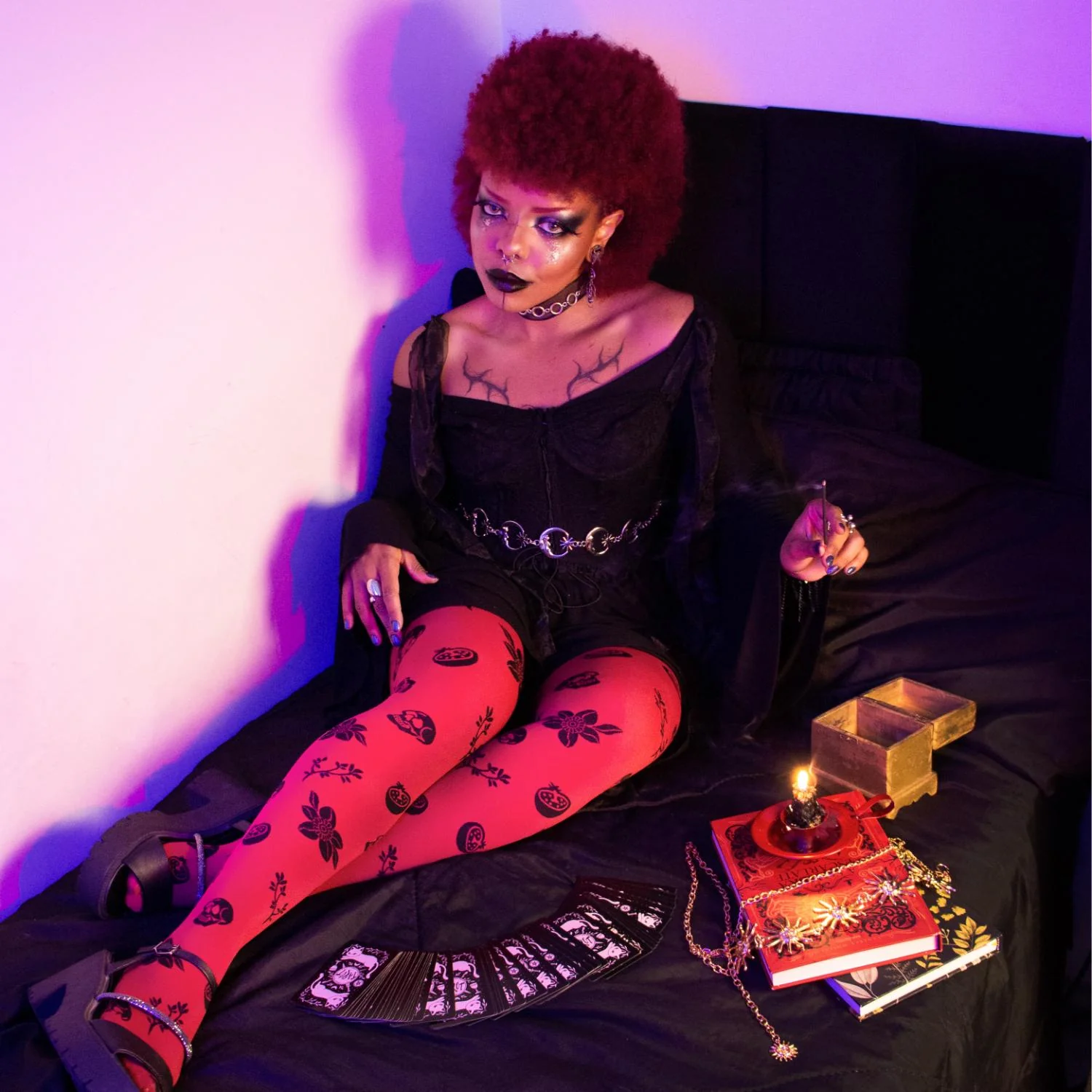 80 Denier Opaque Tights - Danu Skull Flower - Blood Red - Image 14