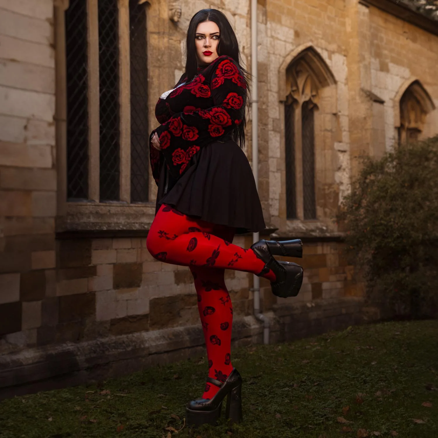 80 Denier Opaque Tights - Danu Skull Flower - Blood Red - Image 15