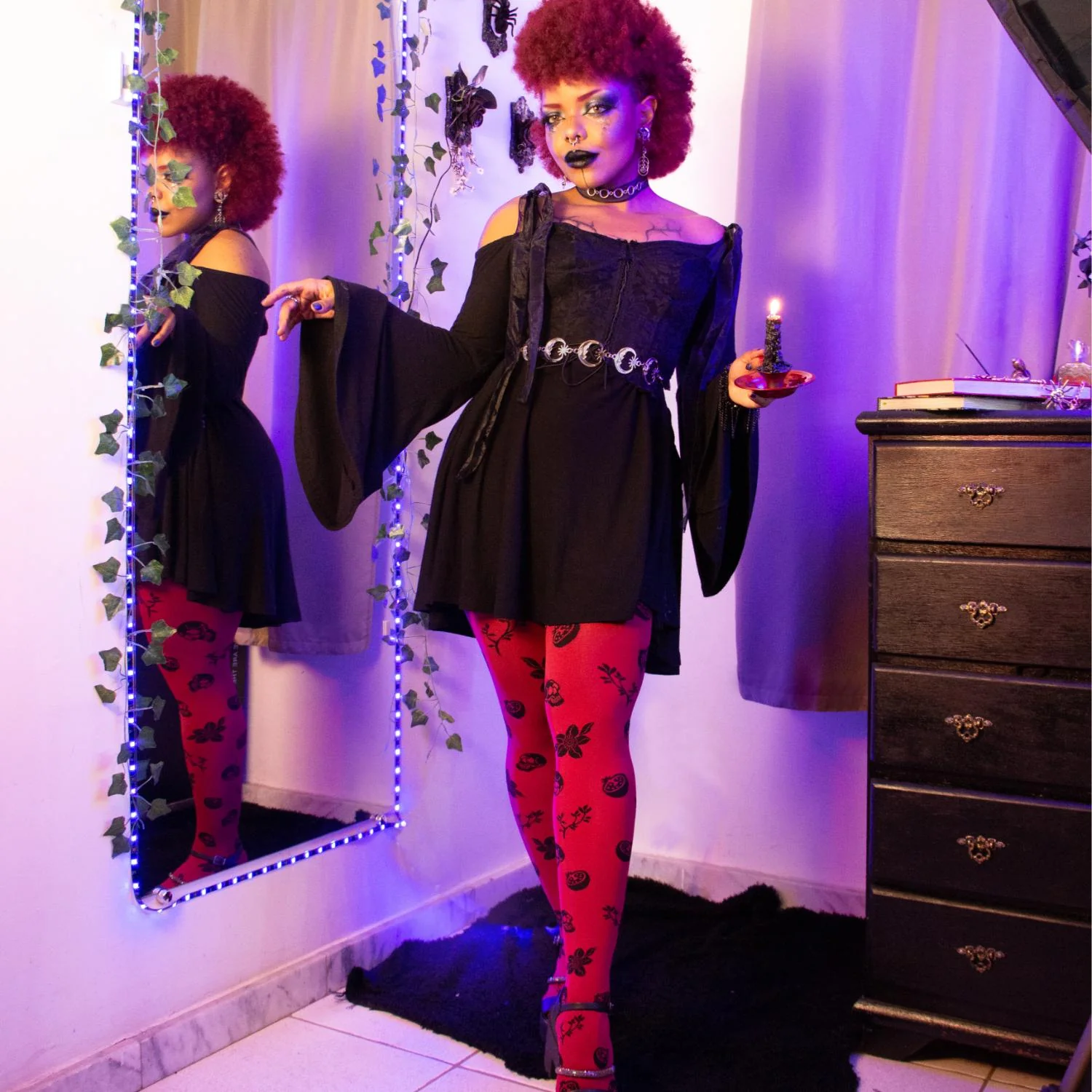80 Denier Opaque Tights - Danu Skull Flower - Blood Red - Image 17