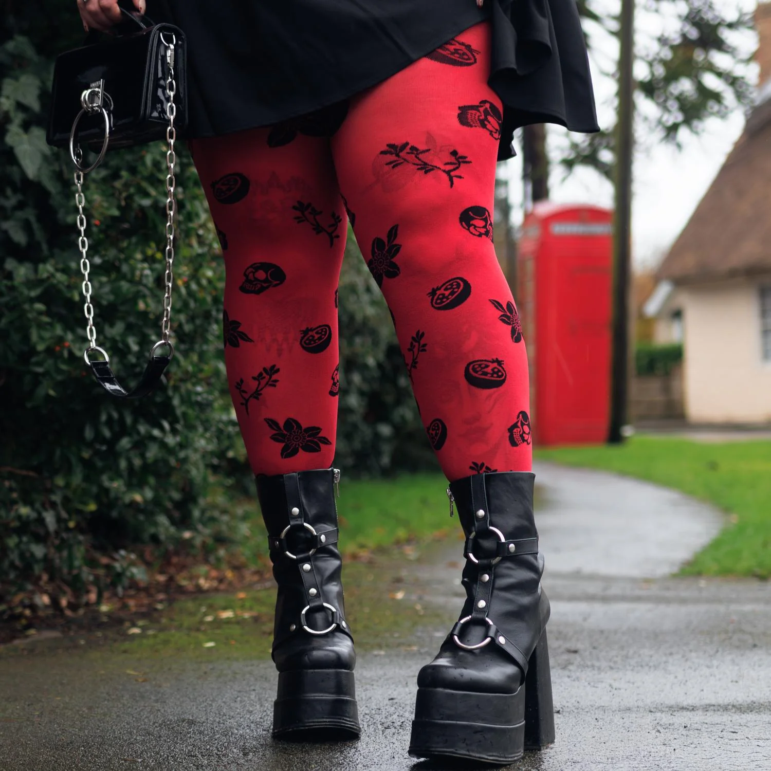 80 Denier Opaque Tights - Danu Skull Flower - Blood Red - Image 3