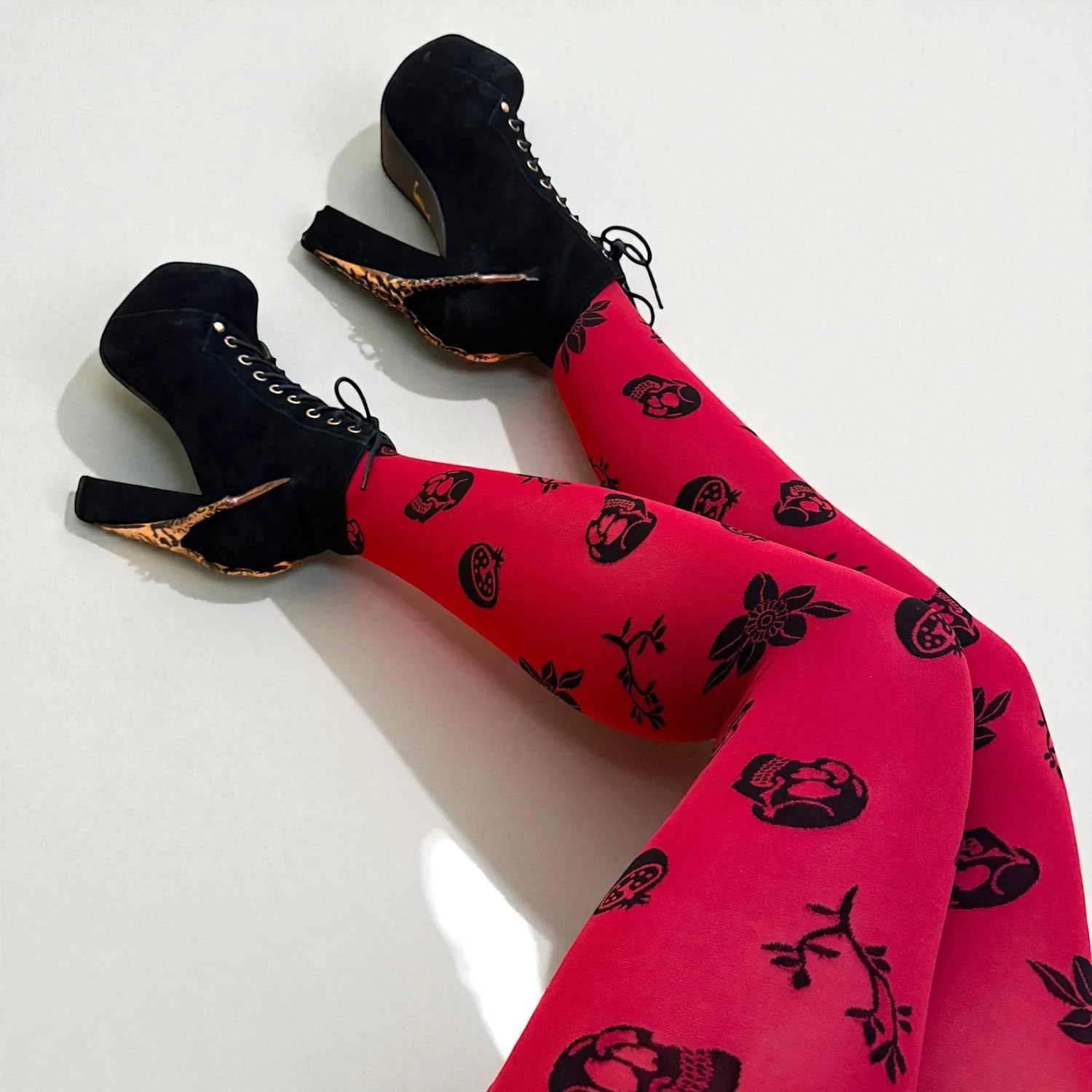 80 Denier Opaque Tights - Danu Skull Flower - Blood Red - Image 6