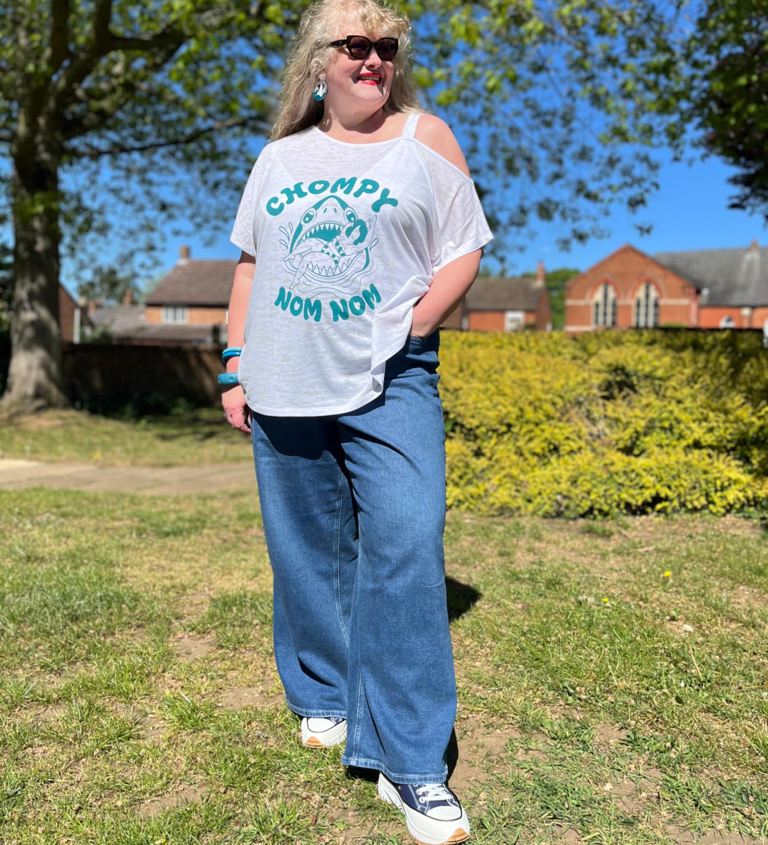 Debbie Off-Shoulder Tee - Chompy Shark Print - Image 3