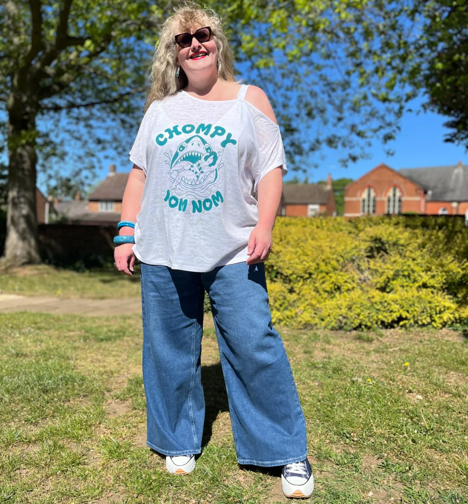 Debbie Off-Shoulder Tee - Chompy Shark Print - Image 4