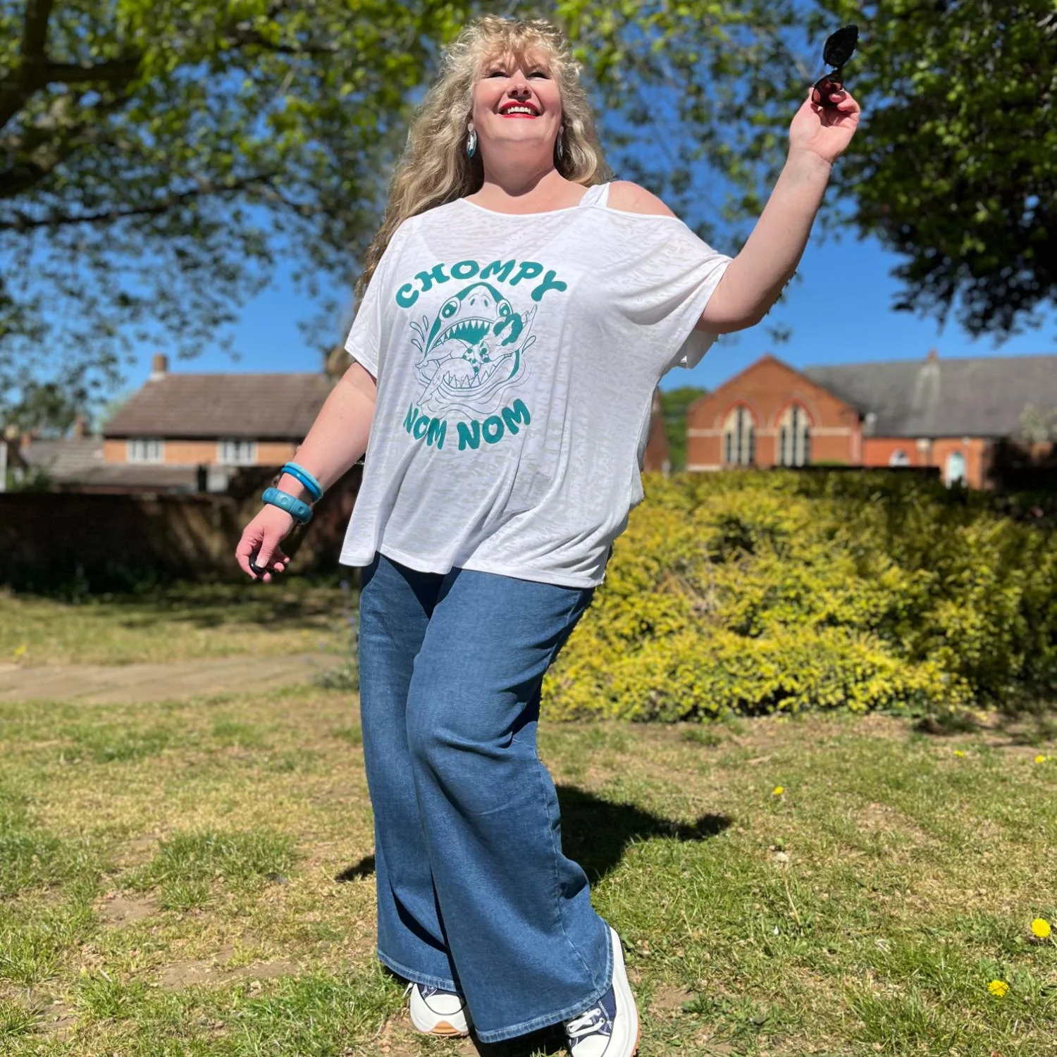 Debbie Off-Shoulder Tee - Chompy Shark Print - Image 6