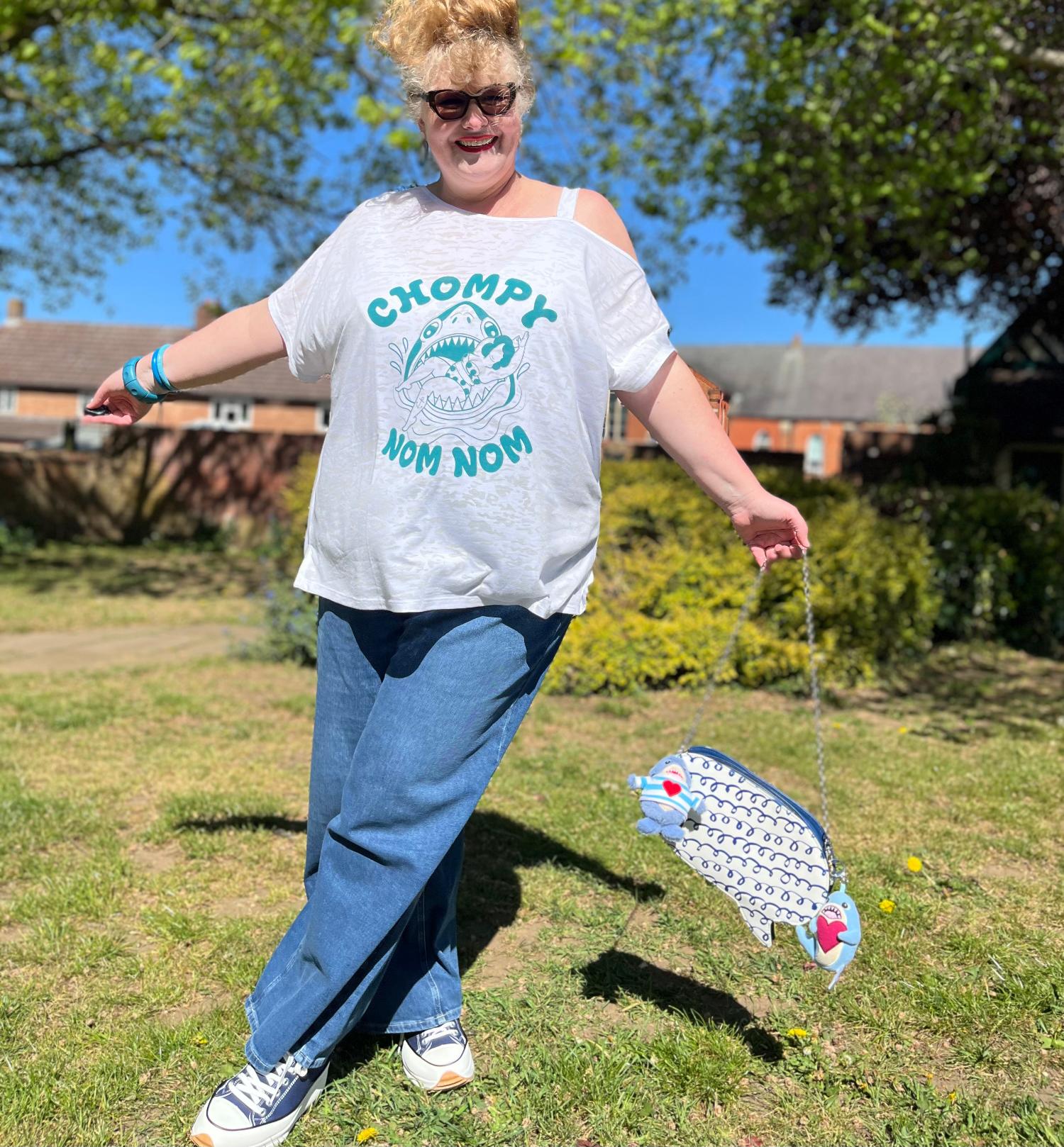 Debbie Off-Shoulder Tee - Chompy Shark Print - Image 8