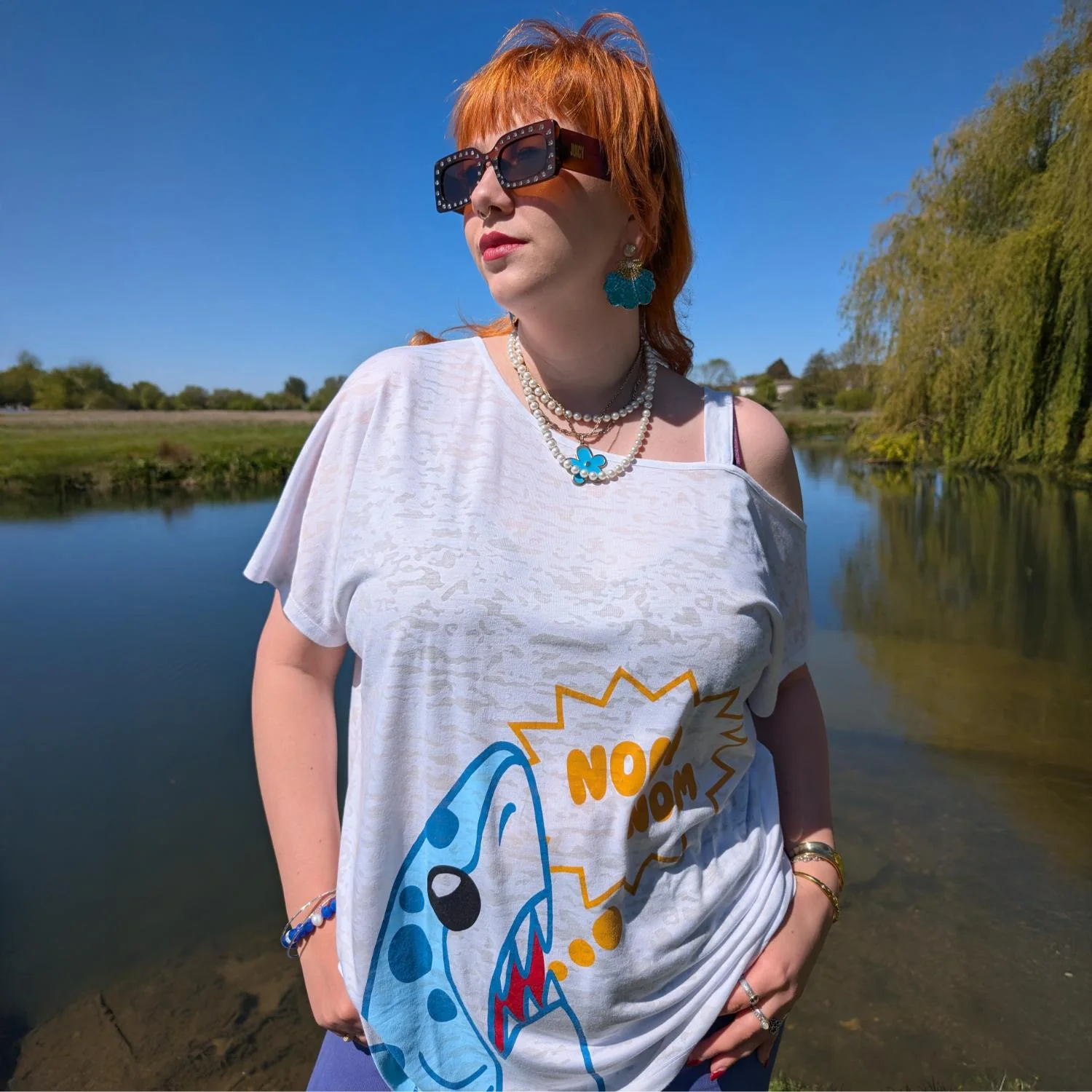 Debbie Off-Shoulder Tee - NOM-NOM Shark Print - Image 10