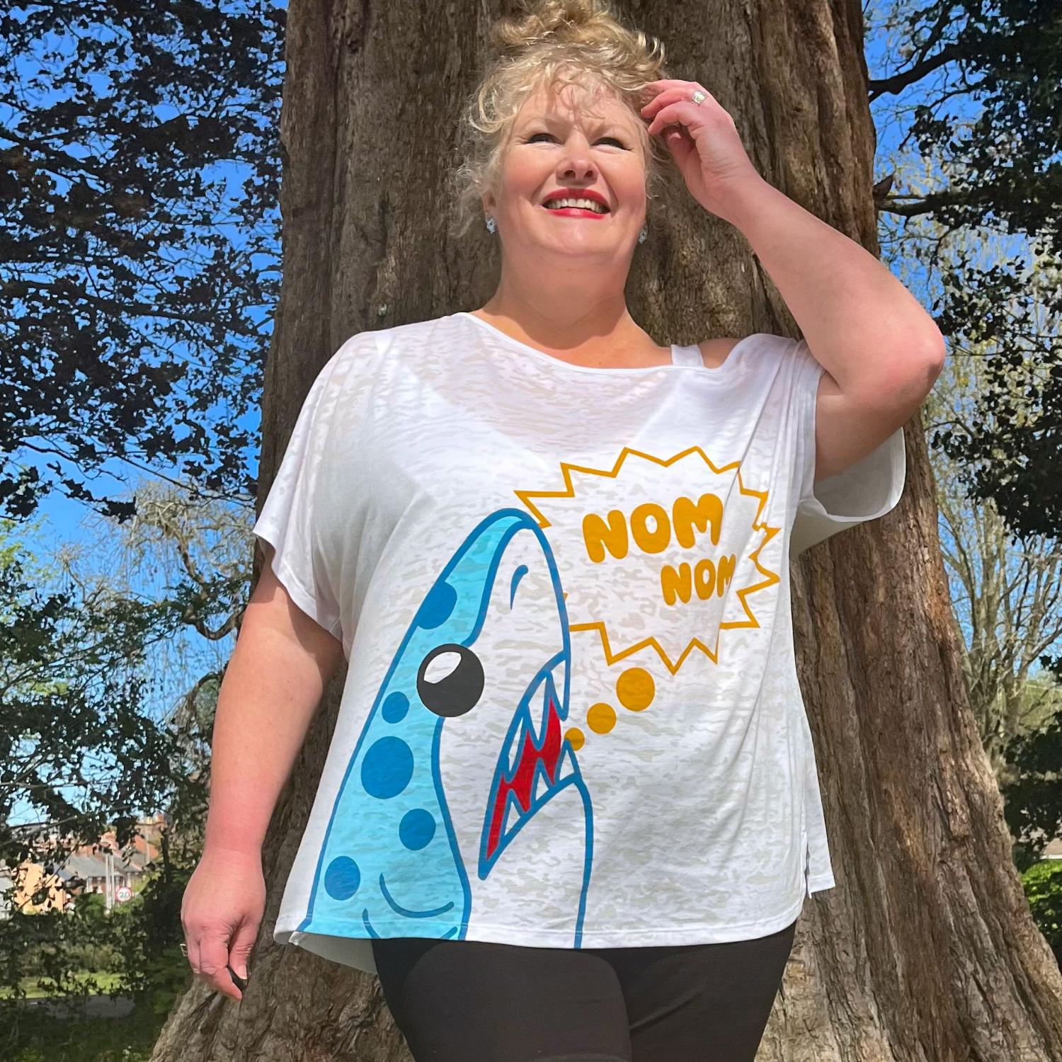 Debbie Off-Shoulder Tee - NOM-NOM Shark Print - Image 3