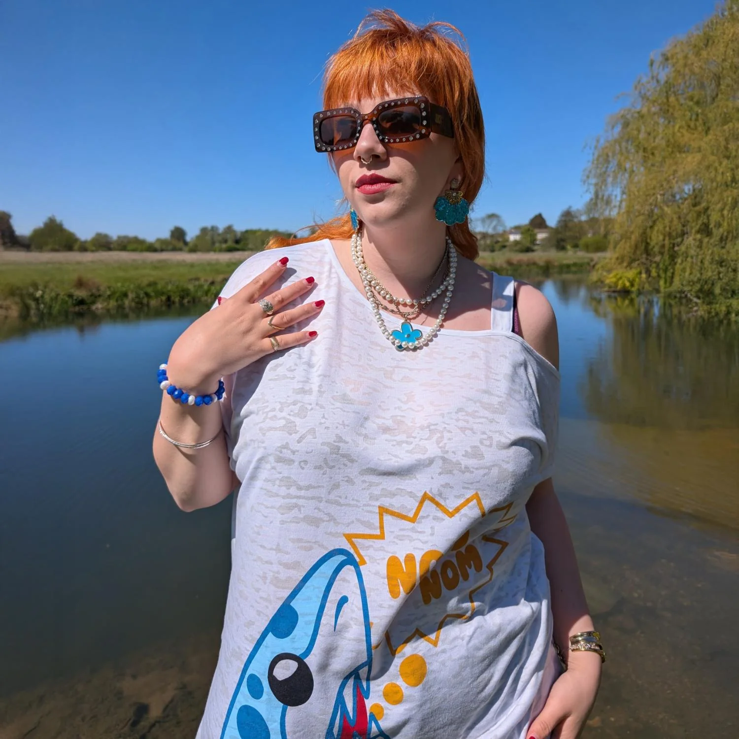 Debbie Off-Shoulder Tee - NOM-NOM Shark Print - Image 4