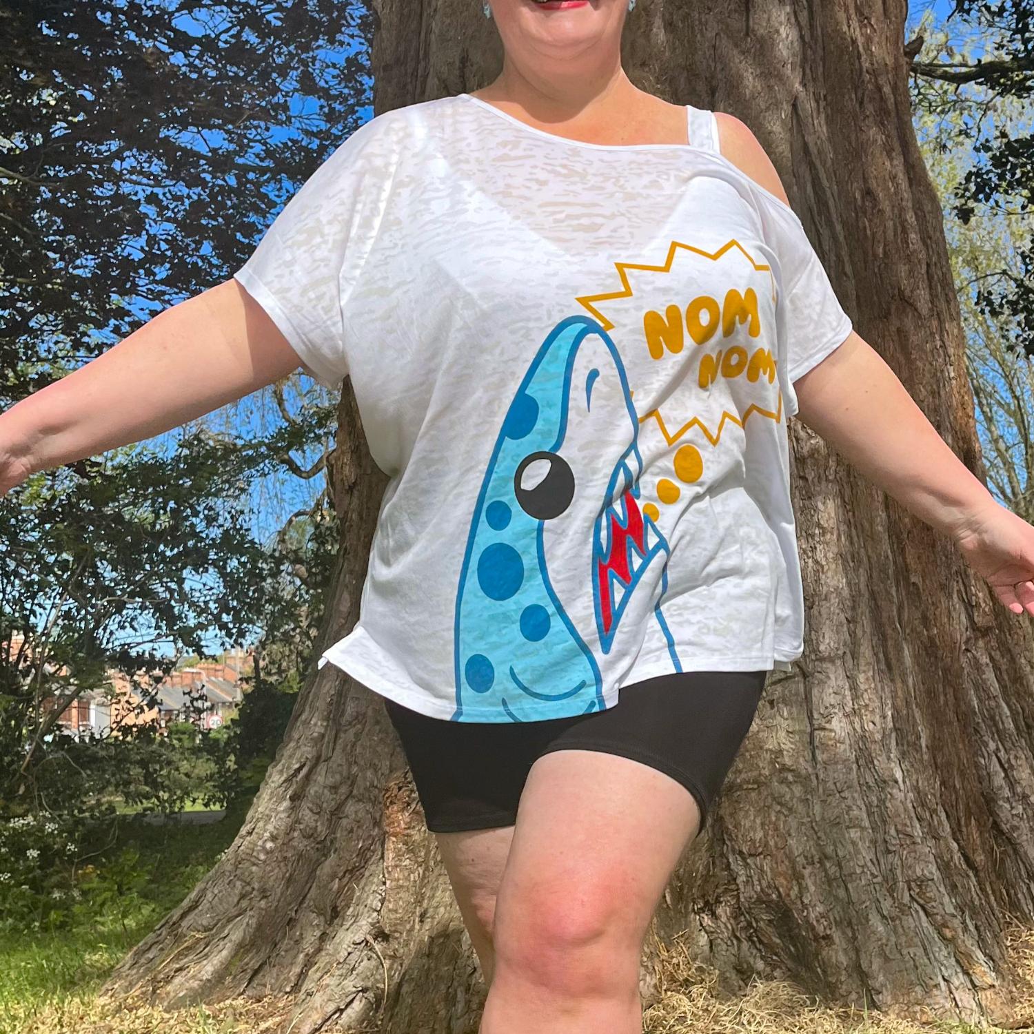 Debbie Off-Shoulder Tee - NOM-NOM Shark Print - Image 5