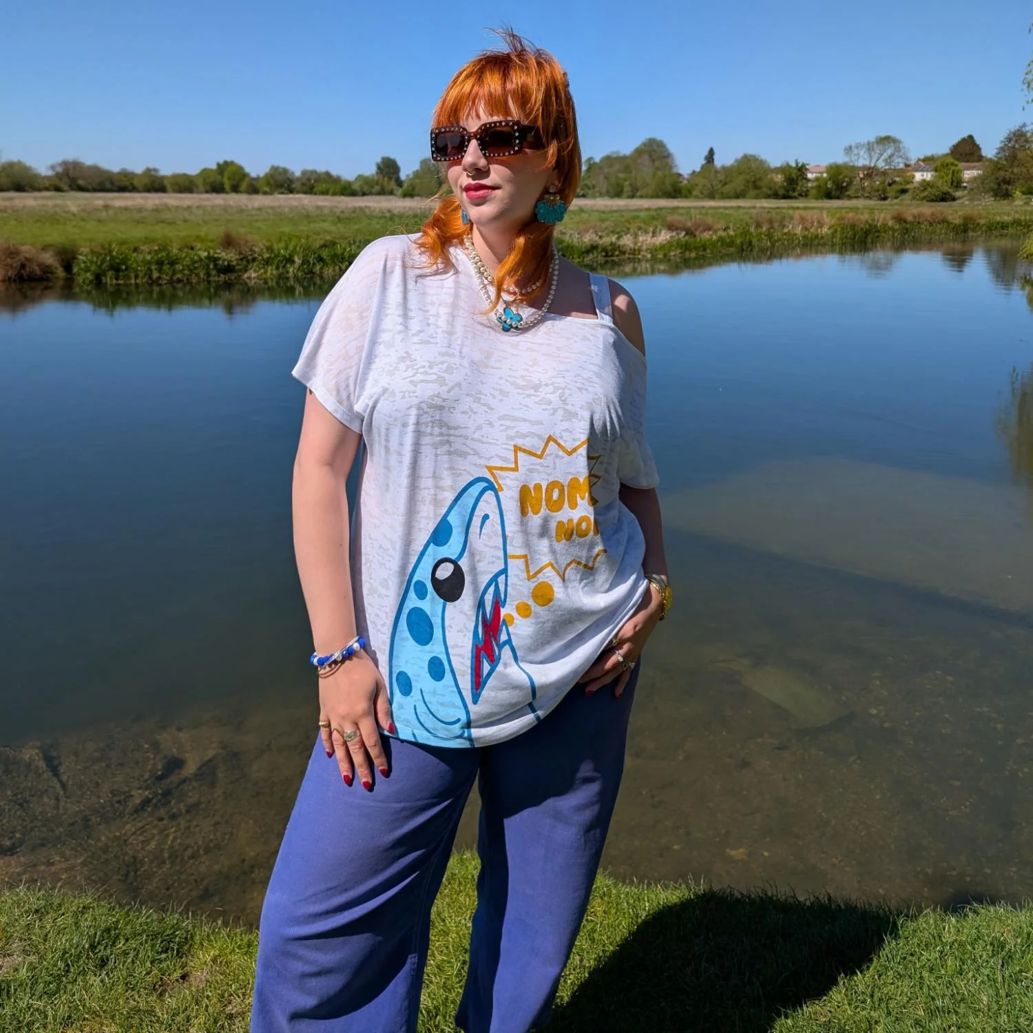 Debbie Off-Shoulder Tee - NOM-NOM Shark Print - Image 6