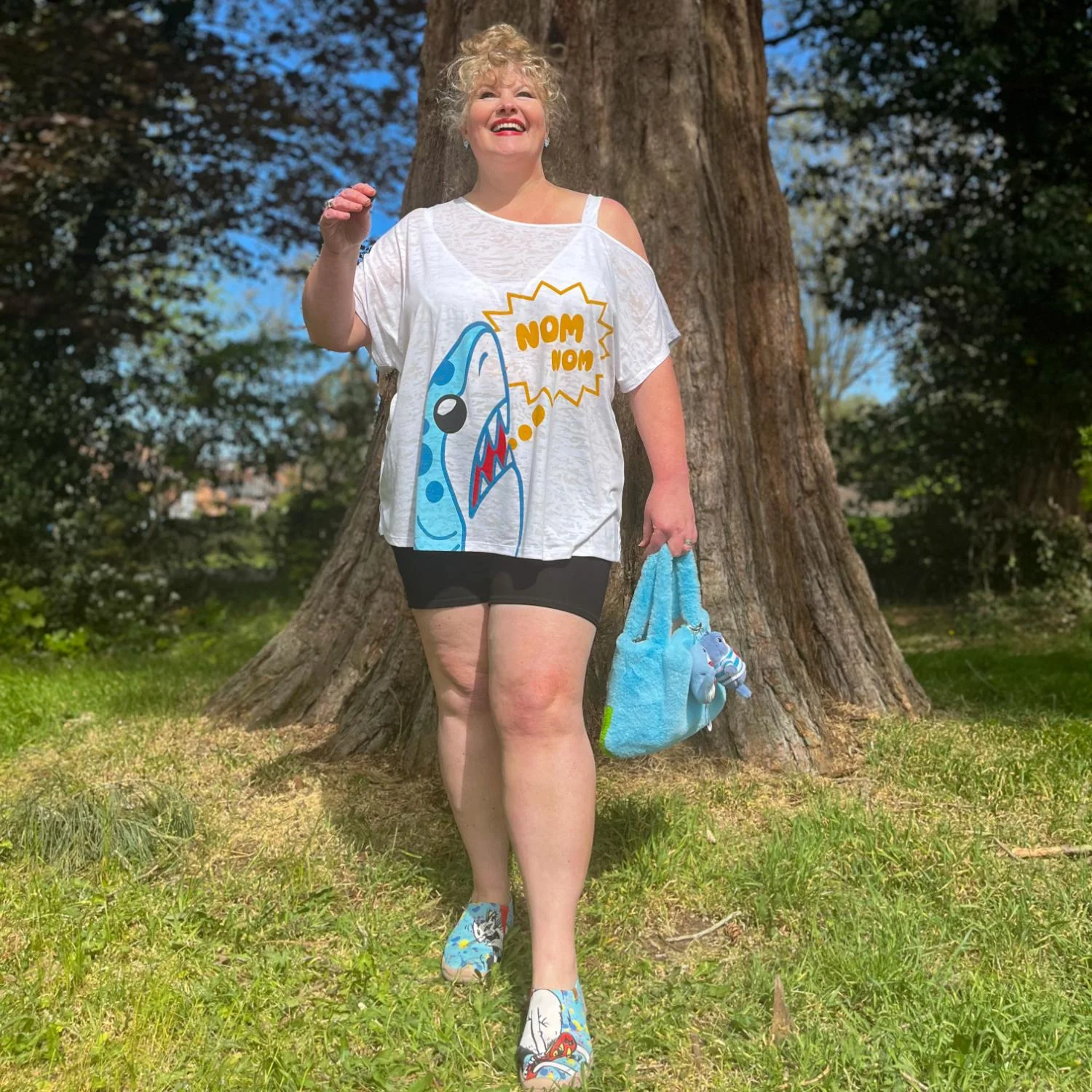 Debbie Off-Shoulder Tee - NOM-NOM Shark Print - Image 9