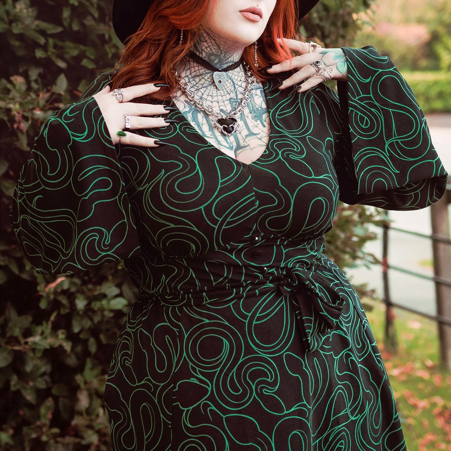 Corra Bell Sleeve Mini Dress - Foliage & Black - Image 2