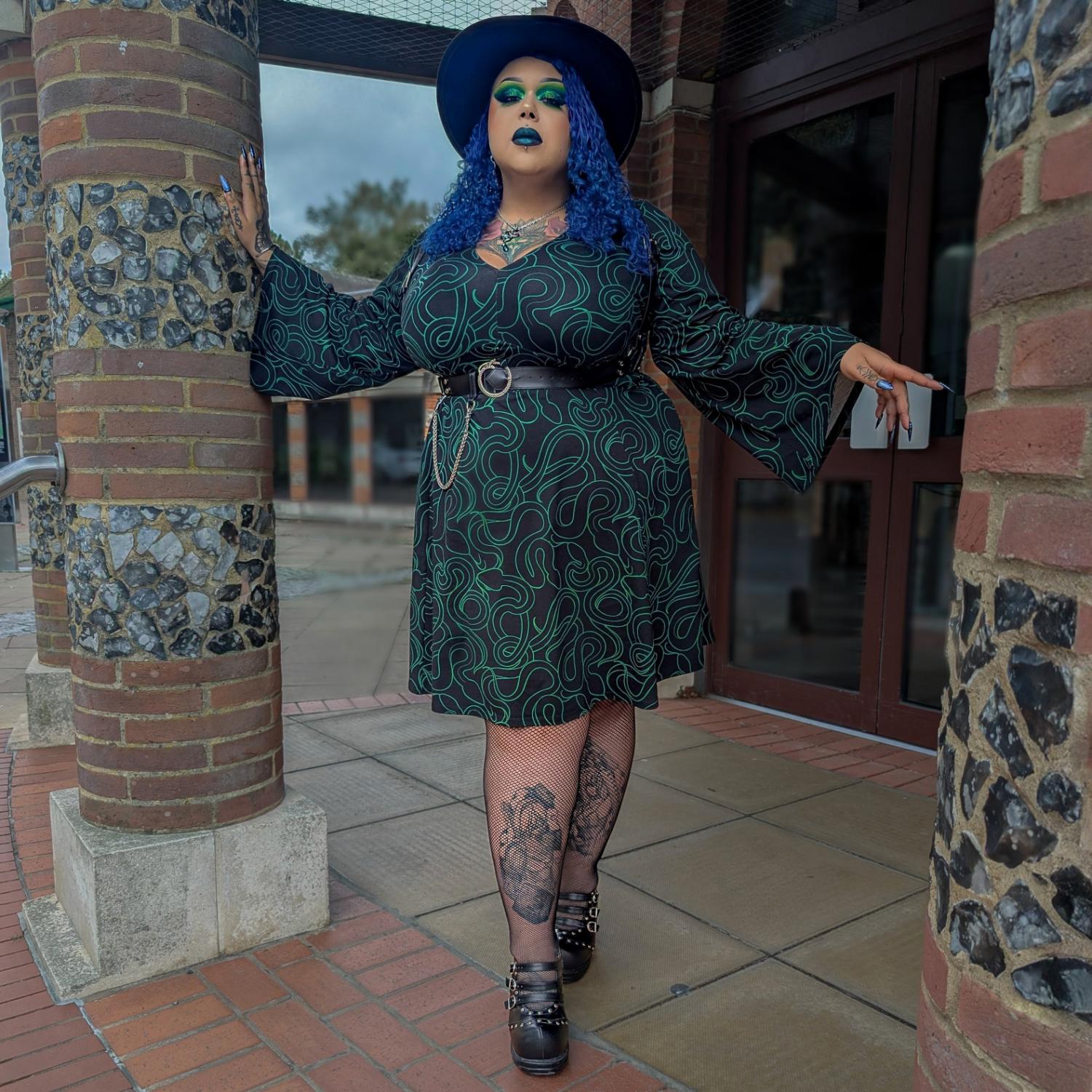 Corra Bell Sleeve Mini Dress - Foliage & Black - Image 4