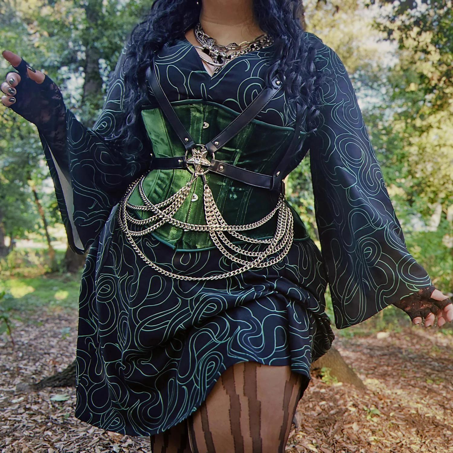 Corra Bell Sleeve Mini Dress - Foliage & Black - Image 5