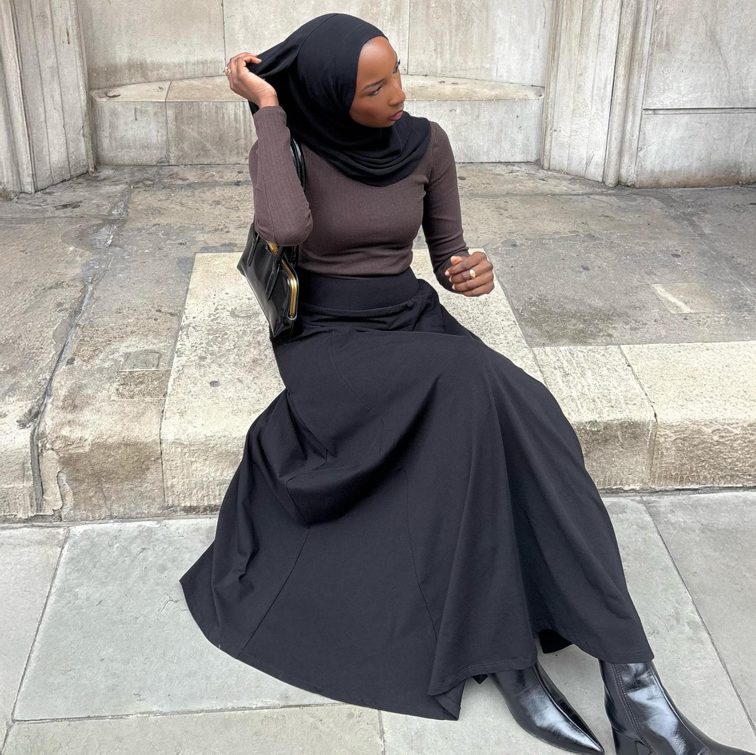 Cotton Jersey Maxi A-Line Skirt - Black - Image 11