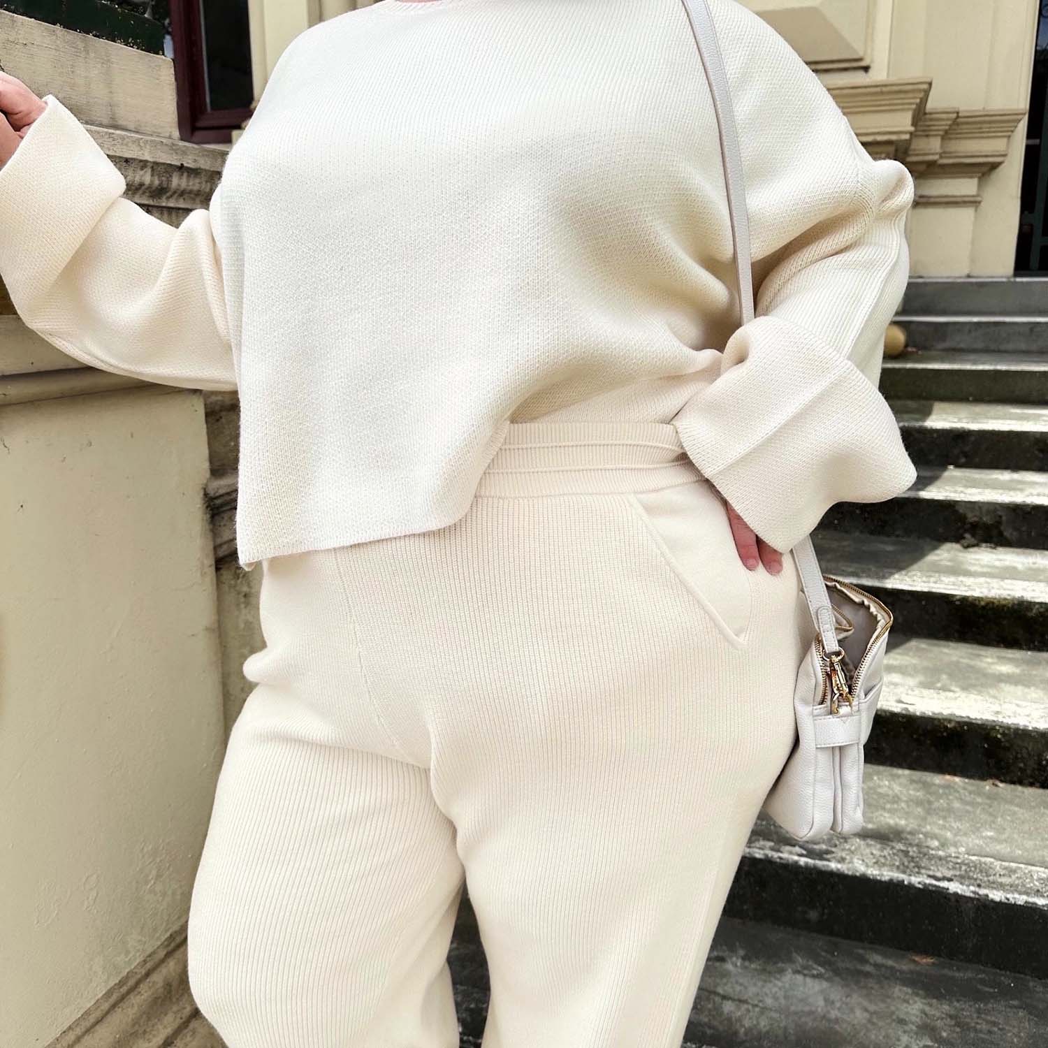 Knit Rib Wide Leg Trousers - Oatmeal - Image 4