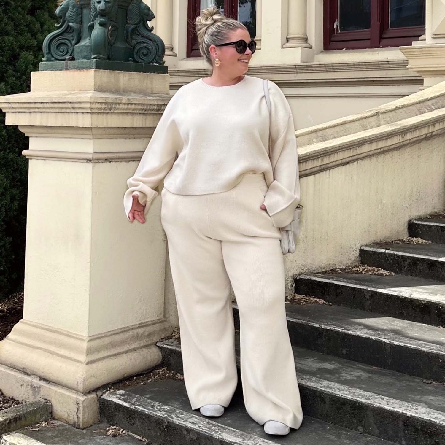 Knit Rib Wide Leg Trousers - Oatmeal - Image 5