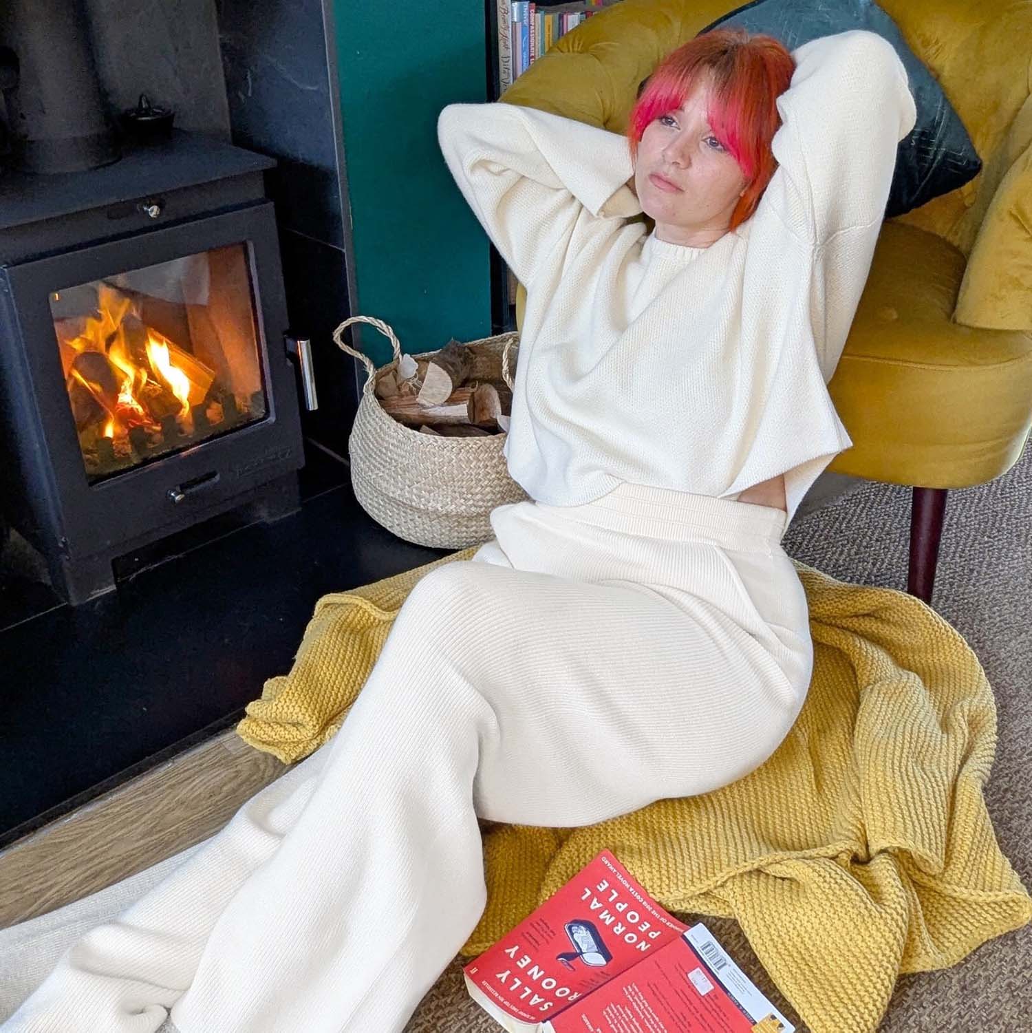 Knit Rib Wide Leg Trousers - Oatmeal - Image 7