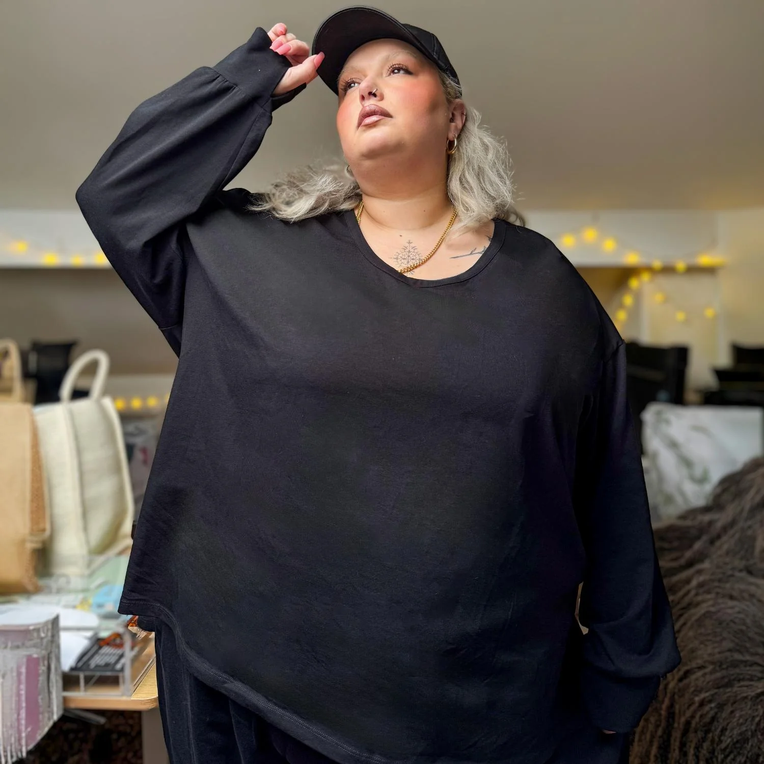 Organic Cotton Long Sleeve Scoop Neck Top - Black - Image 2