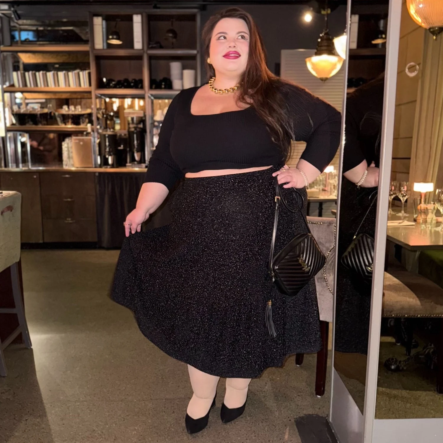 Lurex Tiered Midi Skirt - Black - Image 11