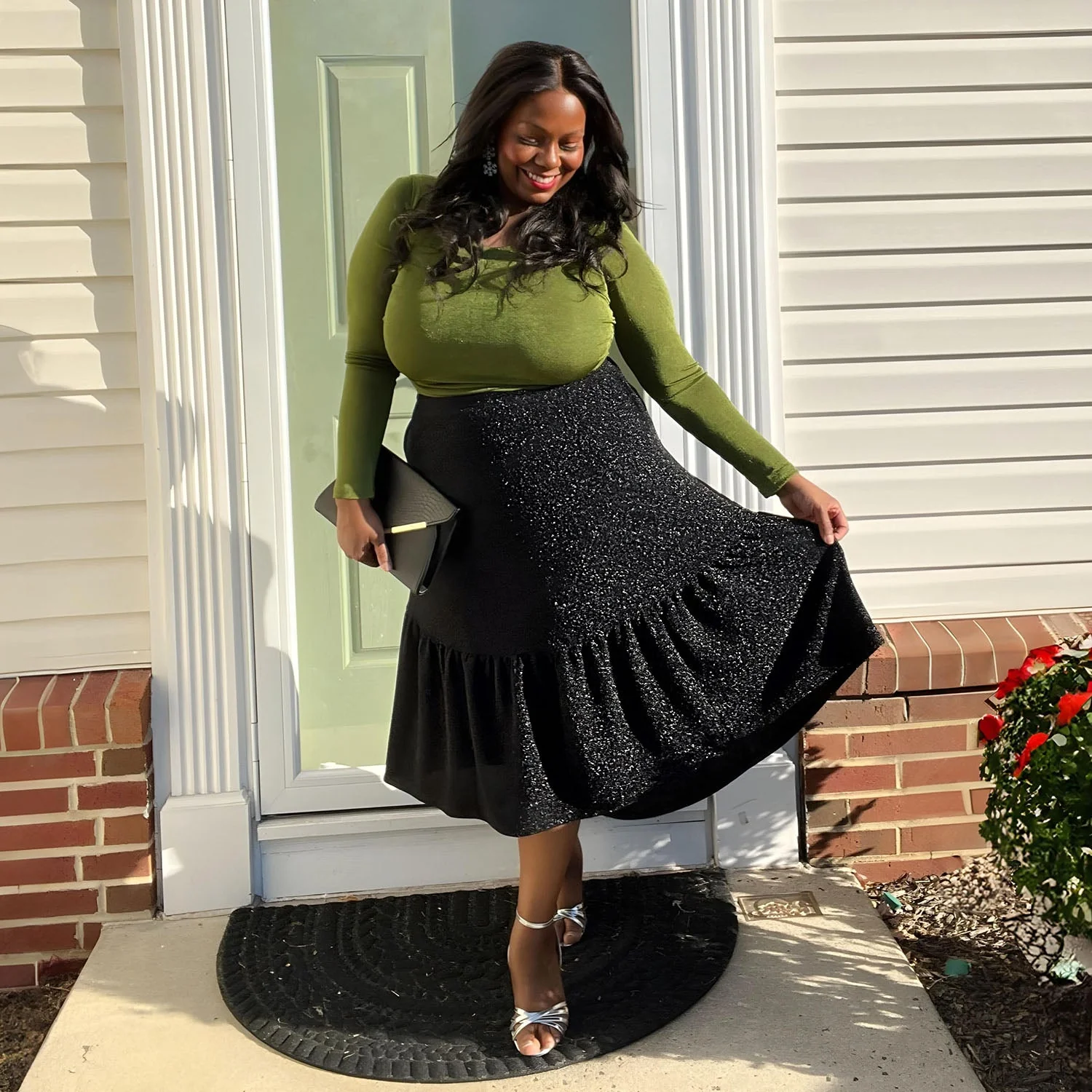 Lurex Tiered Midi Skirt - Black - Image 9