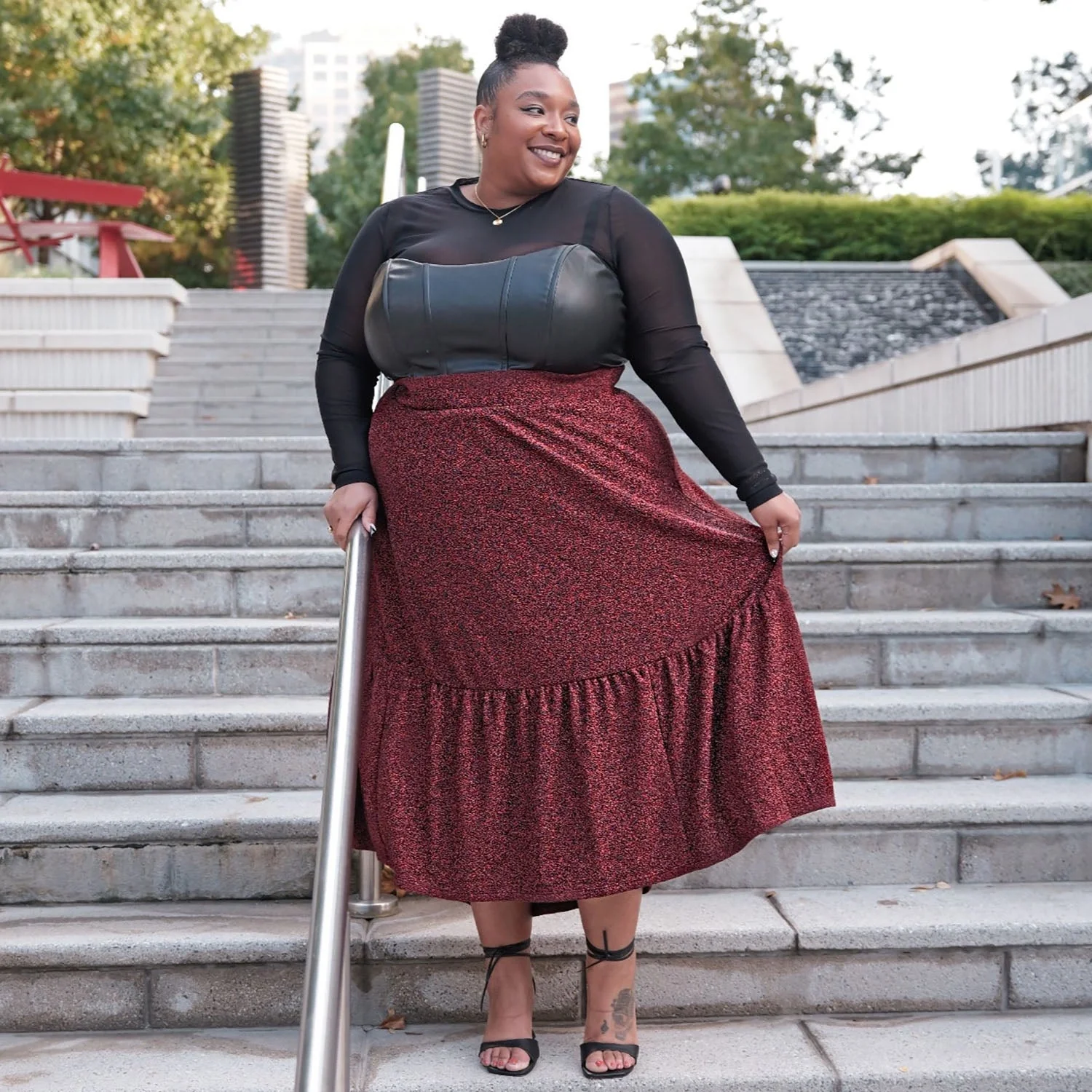 Lurex Tiered Midi Skirt - Bordeaux - Image 10