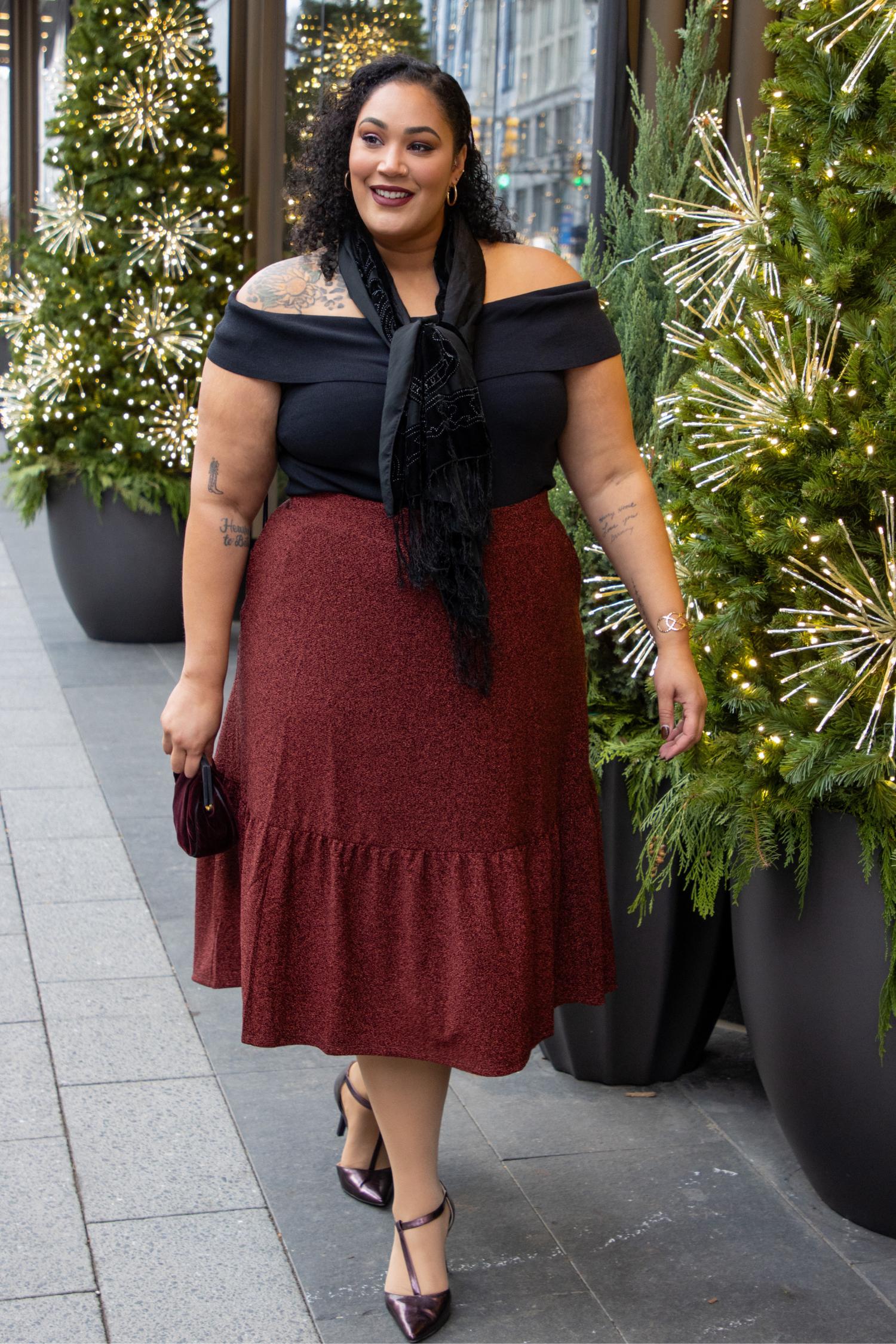 Lurex Tiered Midi Skirt - Bordeaux - Image 11