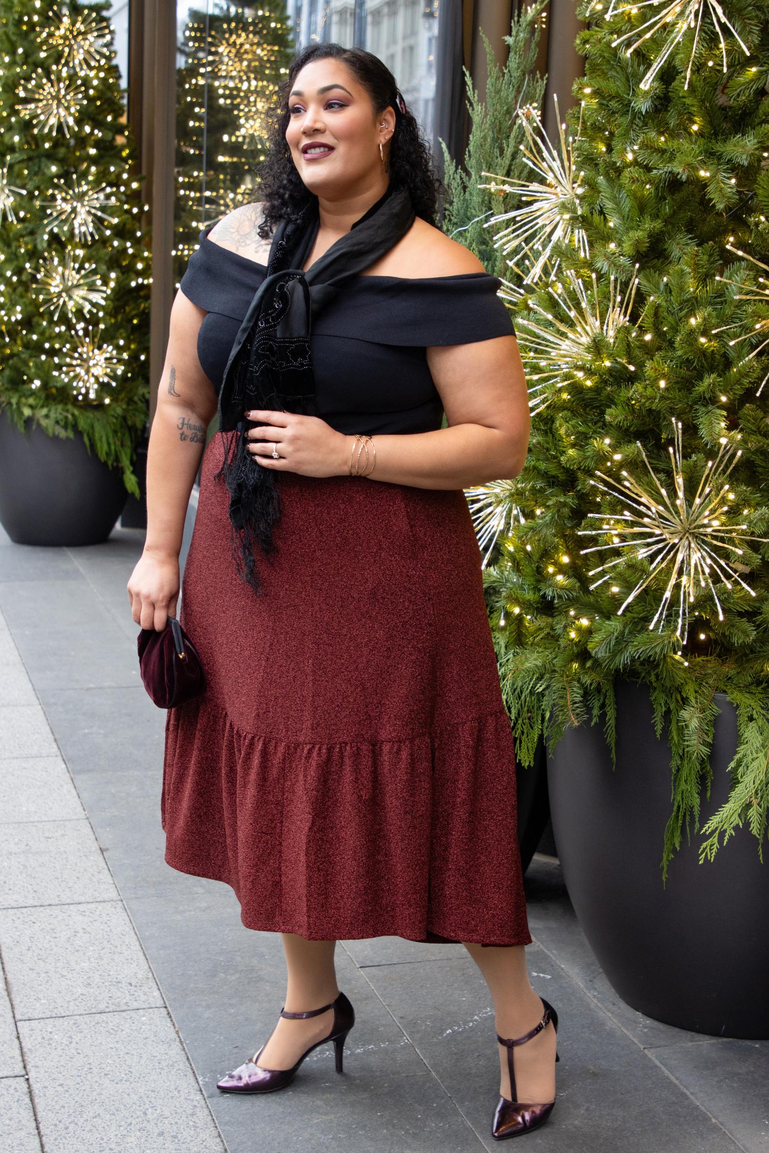 Lurex Tiered Midi Skirt - Bordeaux - Image 12