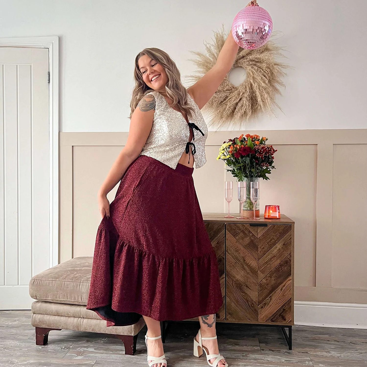 Lurex Tiered Midi Skirt - Bordeaux - Image 6