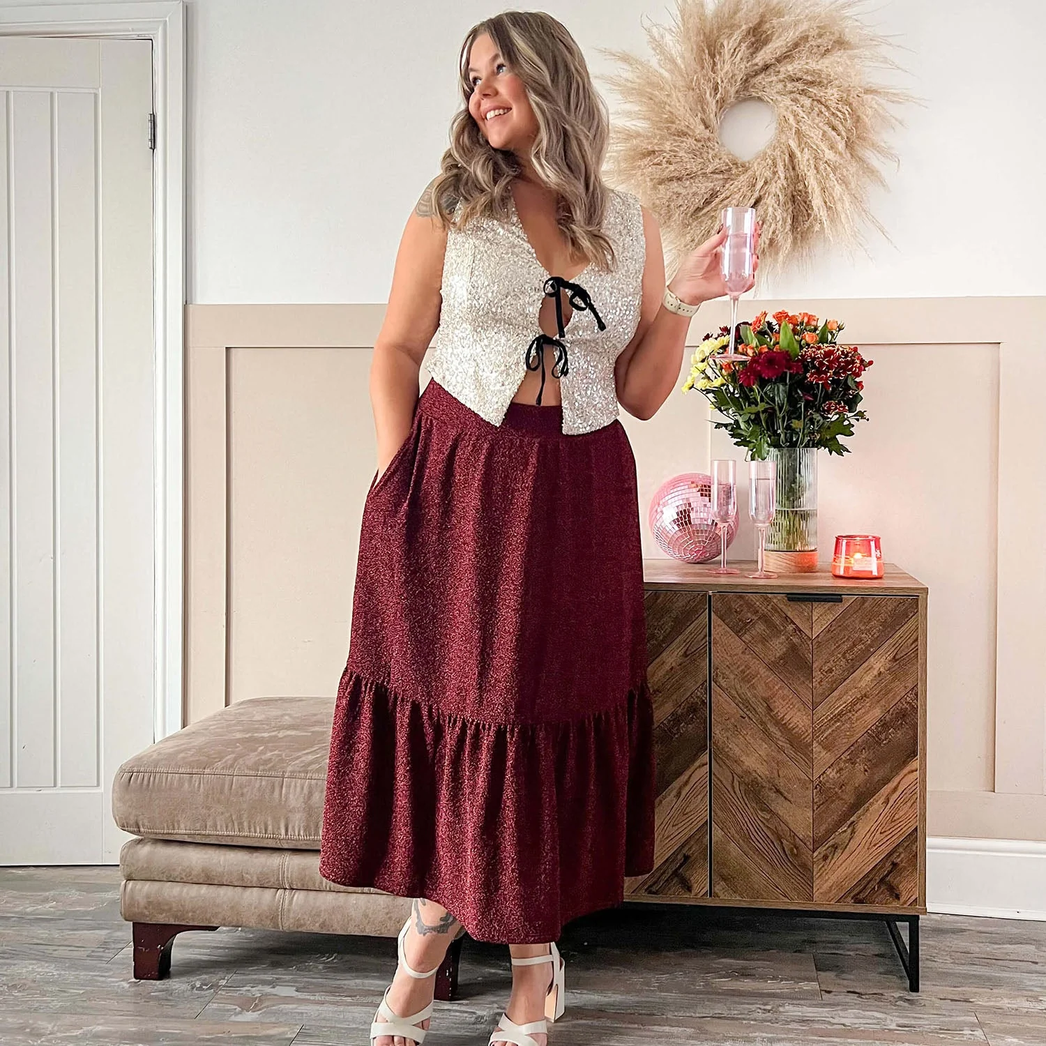 Lurex Tiered Midi Skirt - Bordeaux - Image 8