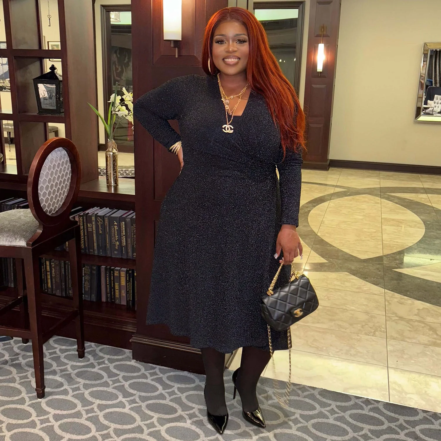 Lurex Wrap Dress - Black - Image 5