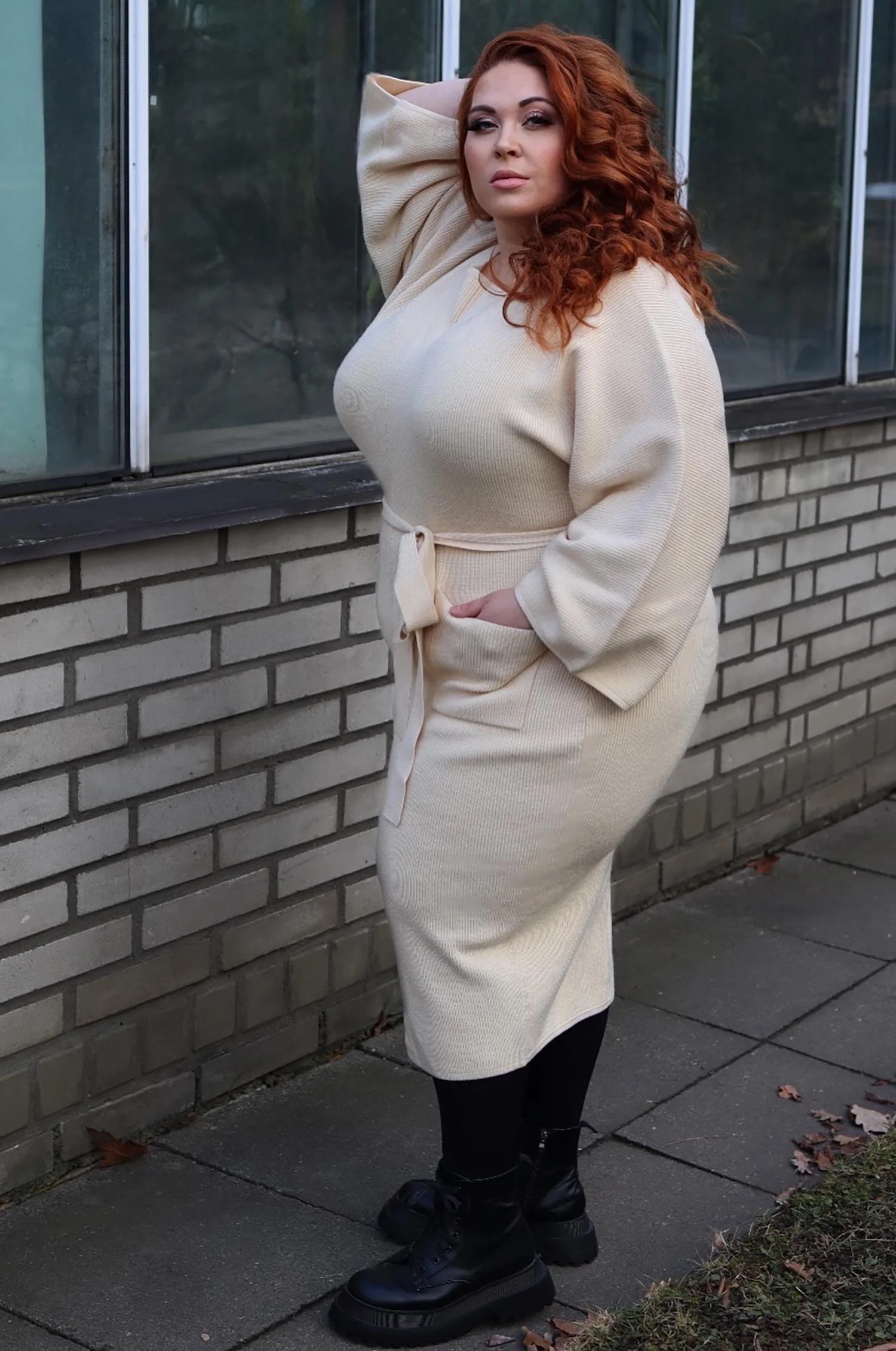Midi Knitted Cocoon Dress - Oatmeal - Image 6