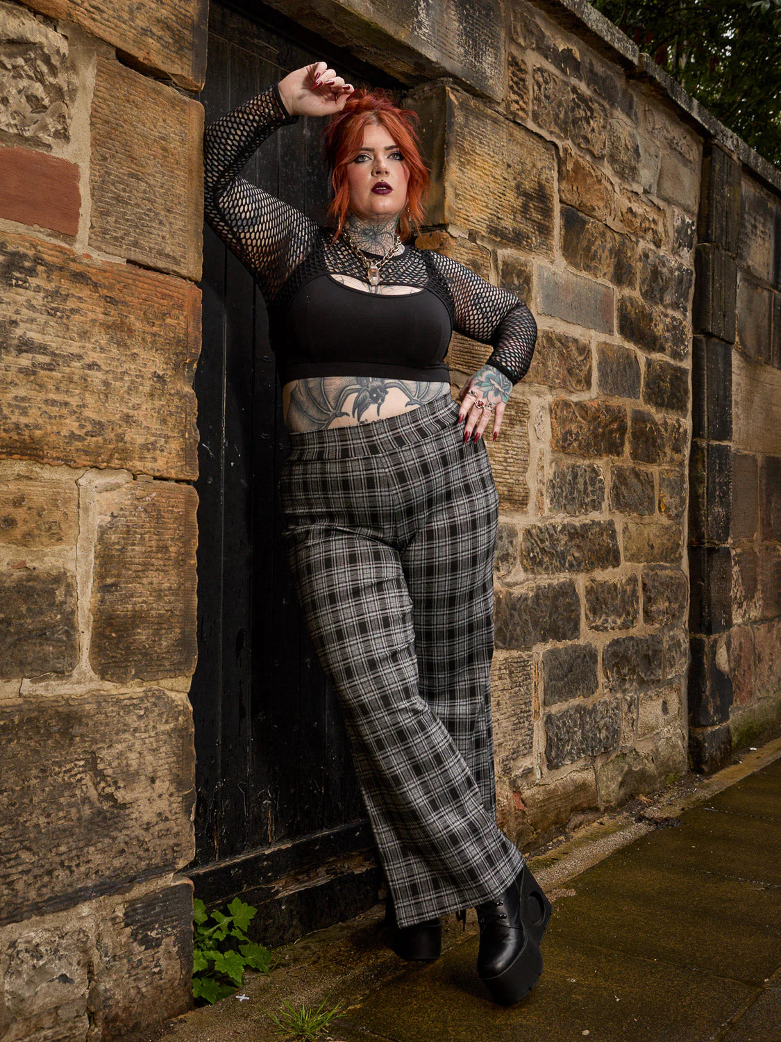 Plaid Wide-Leg Trousers - Black & Grey - Image 5