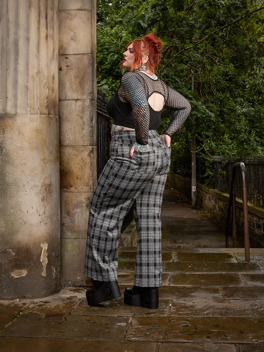Plaid Wide-Leg Trousers - Black & Grey - Image 7