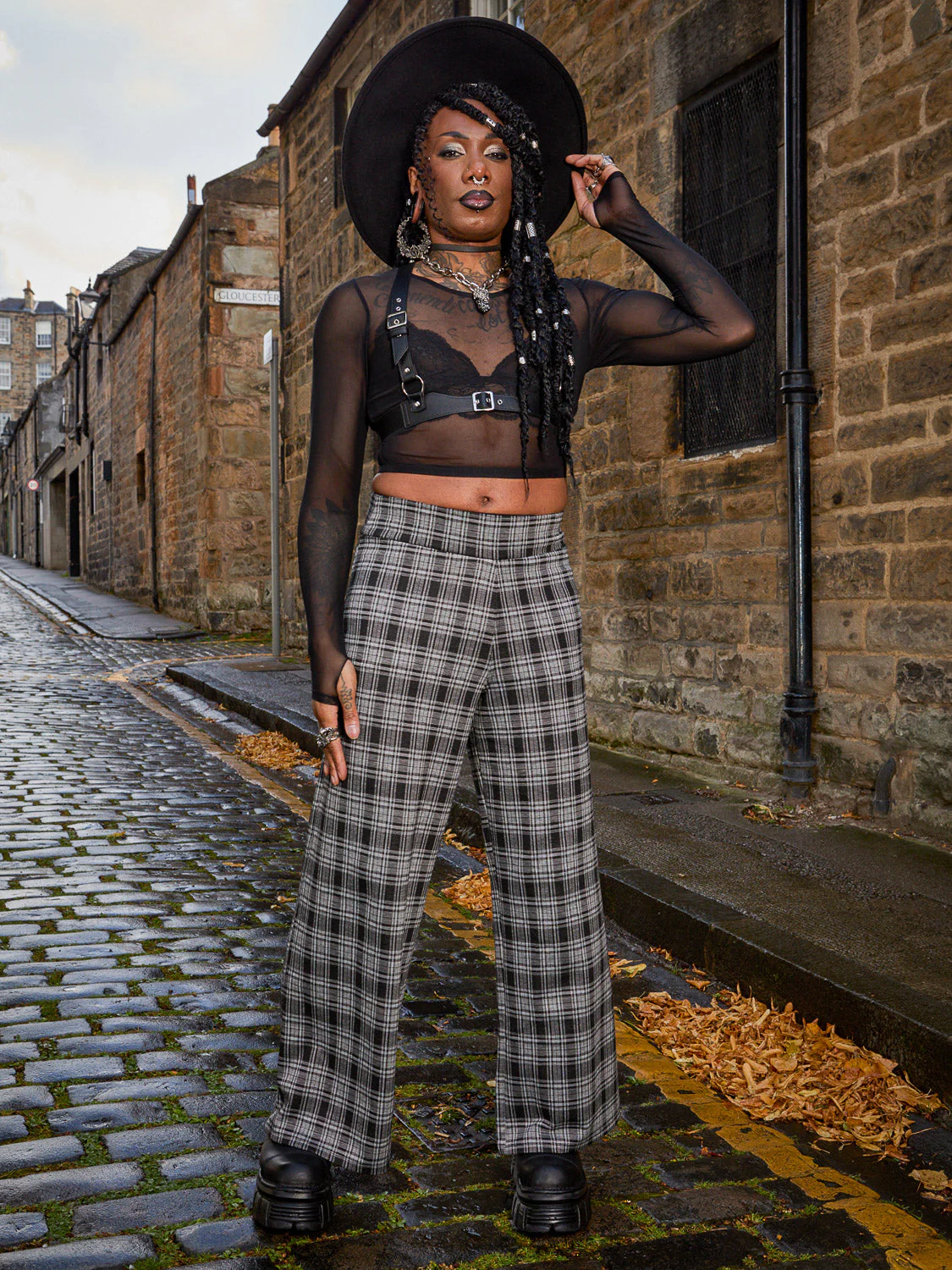 Plaid Wide-Leg Trousers - Black & Grey - Image 8