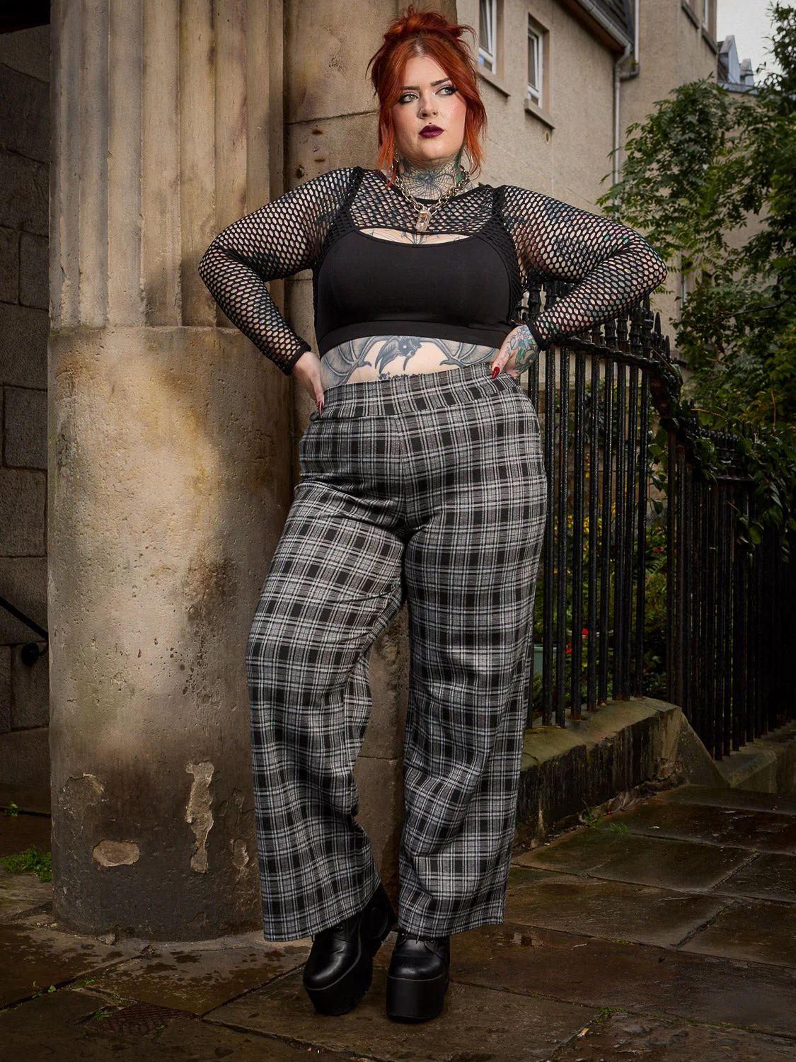 Plaid Wide-Leg Trousers - Black & Grey - Image 9