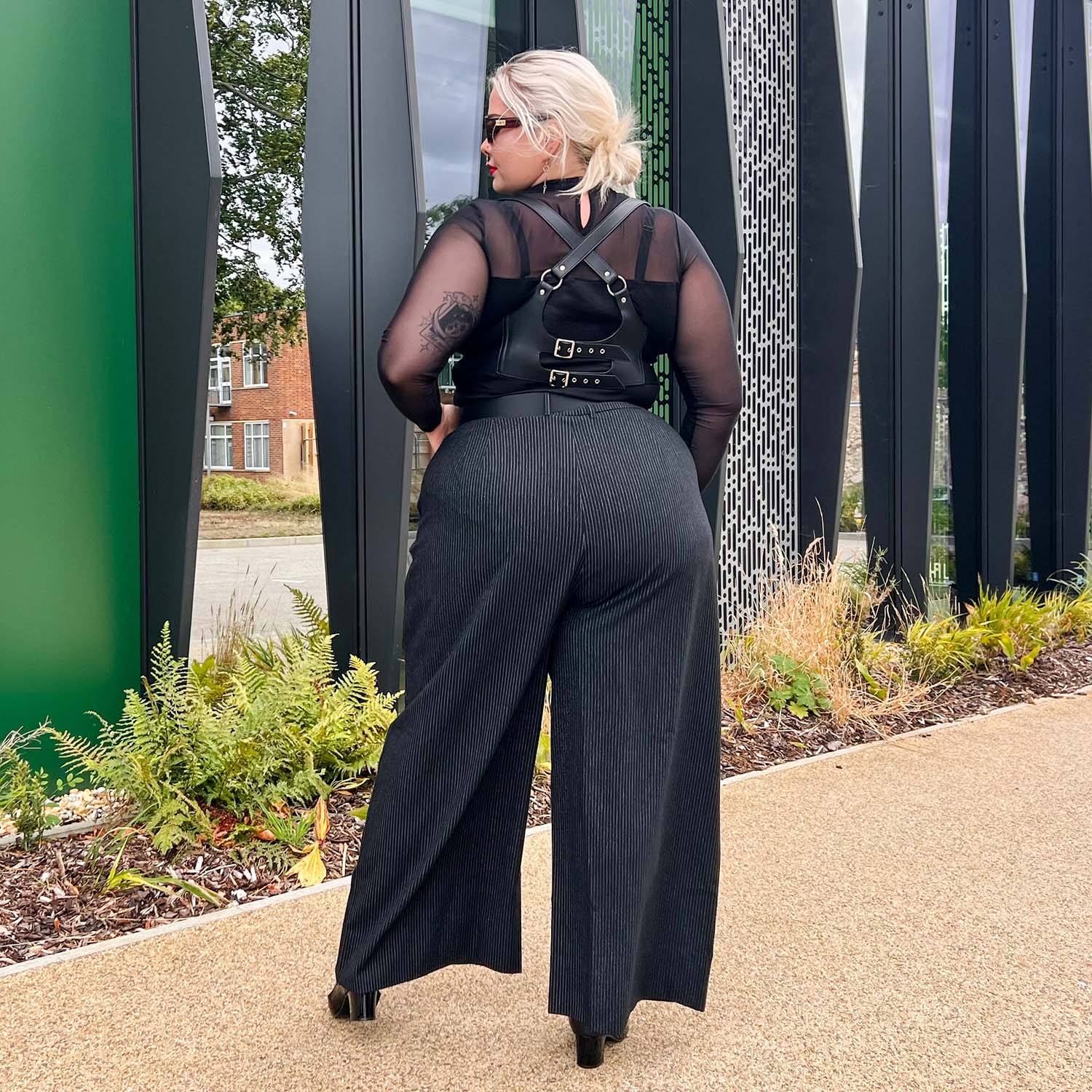 Wide Leg Pinstripe Tailored Trousers - Black - Image 12