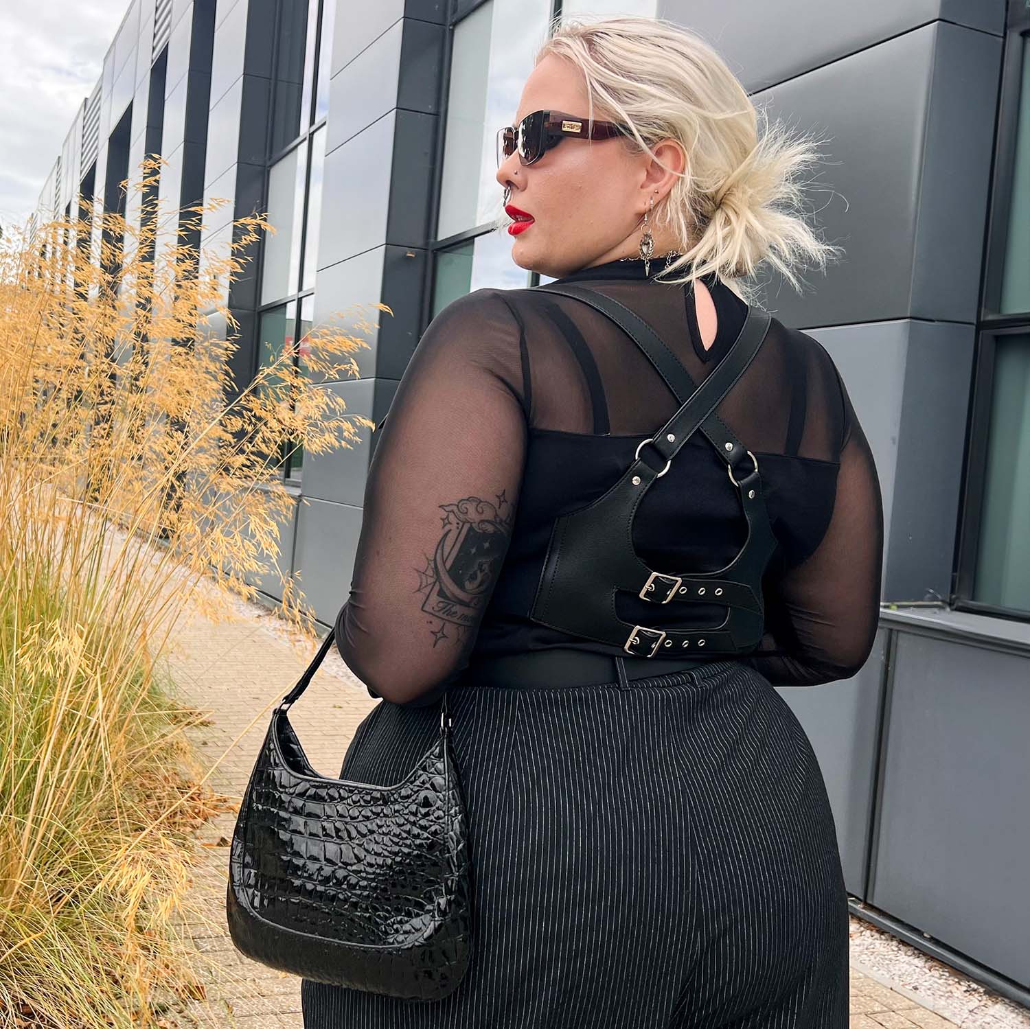Wide Leg Pinstripe Tailored Trousers - Black - Image 16