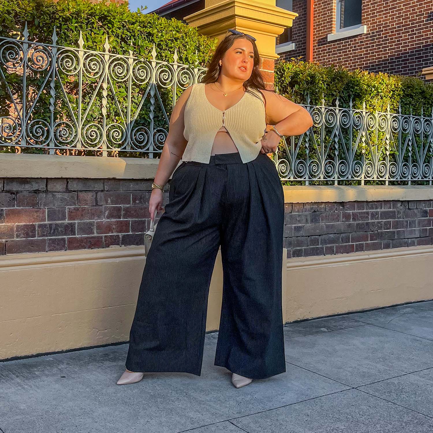 Wide Leg Pinstripe Tailored Trousers - Black - Image 3