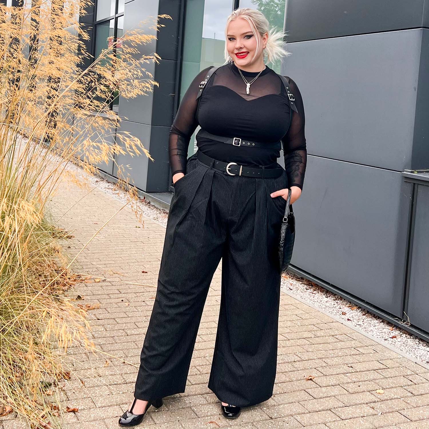 Wide Leg Pinstripe Tailored Trousers - Black - Image 4