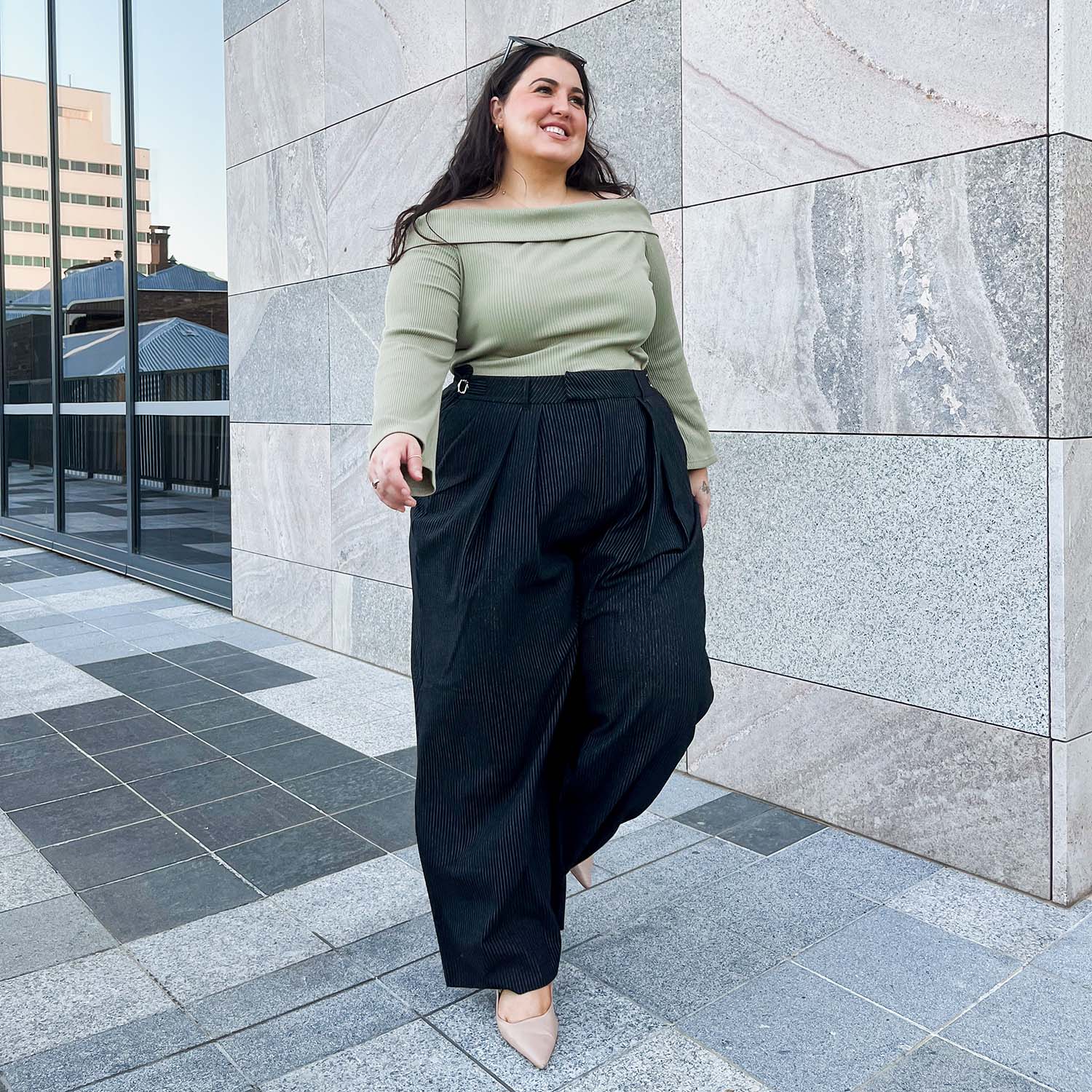 Wide Leg Pinstripe Tailored Trousers - Black - Image 6