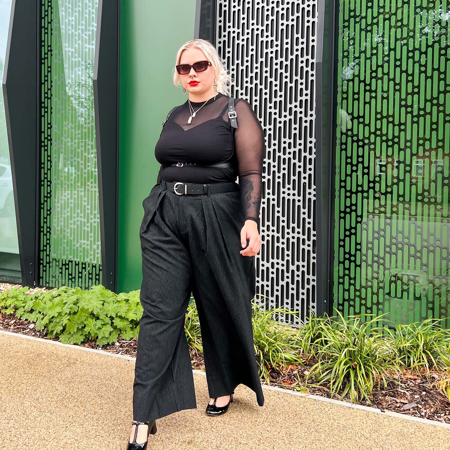 Wide Leg Pinstripe Tailored Trousers - Black - Image 8