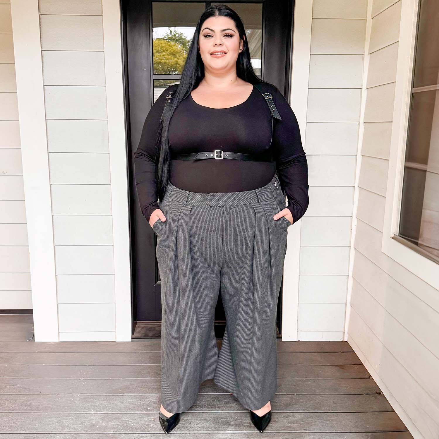 Wide Leg Pinstripe Tailored Trousers - Charcoal - Image 5
